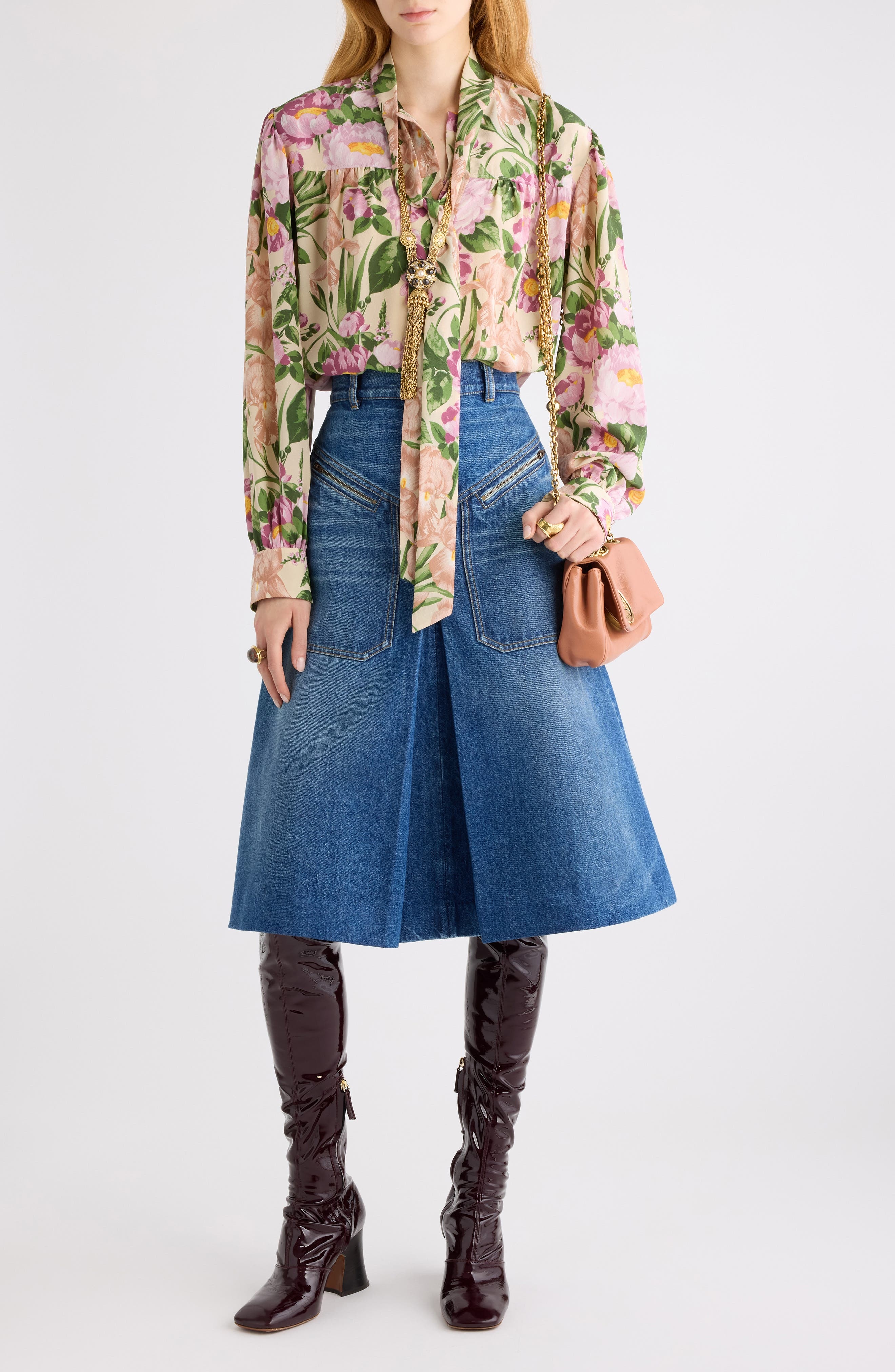 Chloé Floral Print Silk Charmeuse Top in Macadamia Brown at Nordstrom - 2