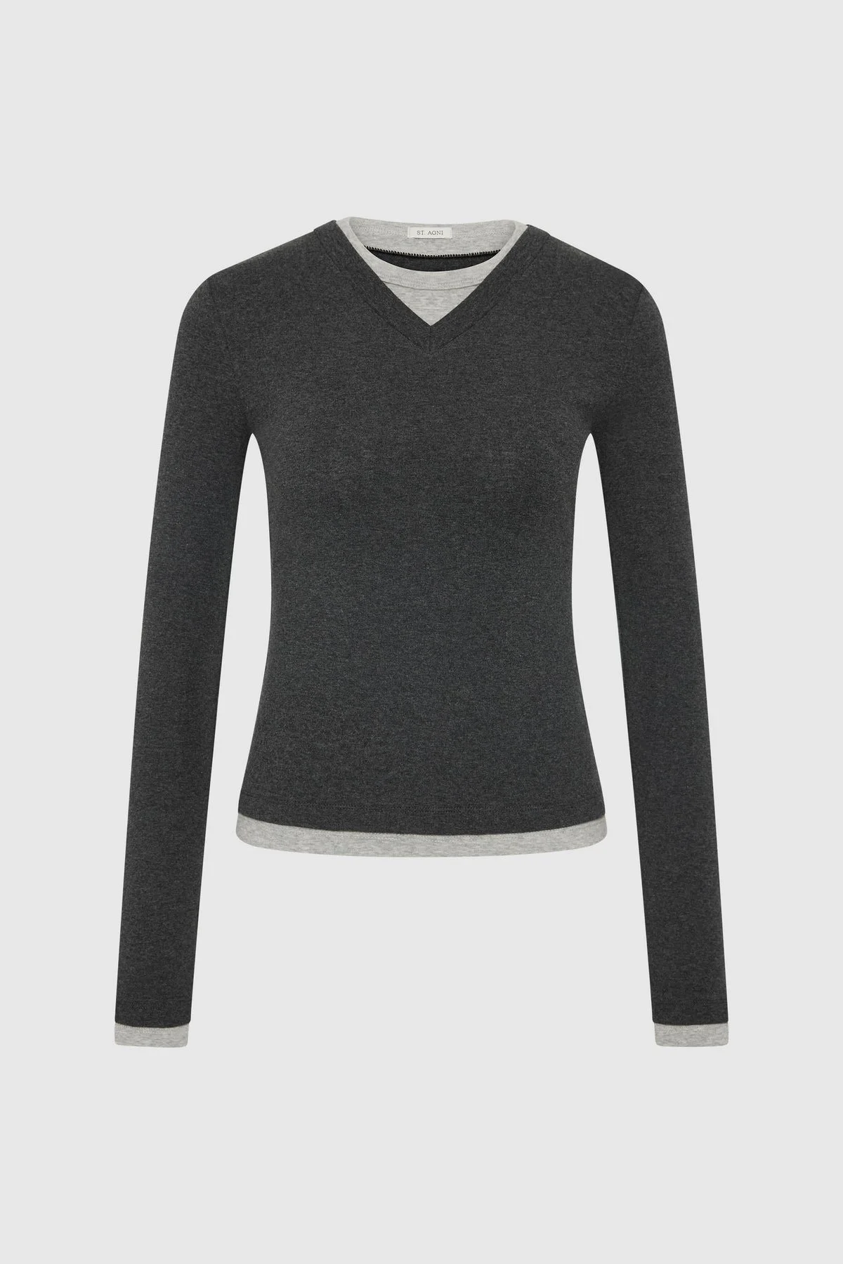 Organic Cotton V Neck Long Sleeve Top - Charcoal Melange - 1