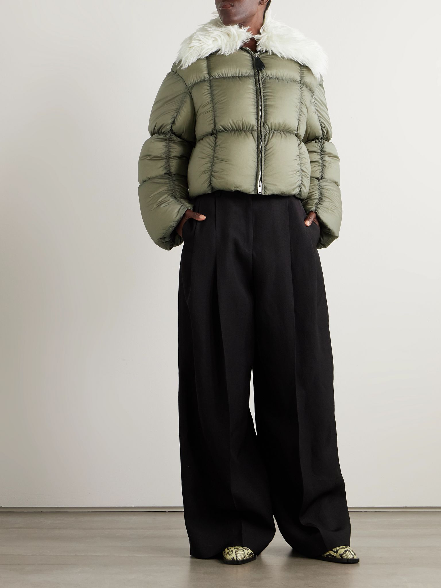 Plush-trimmed padded quilted shell jacket Army green - 2