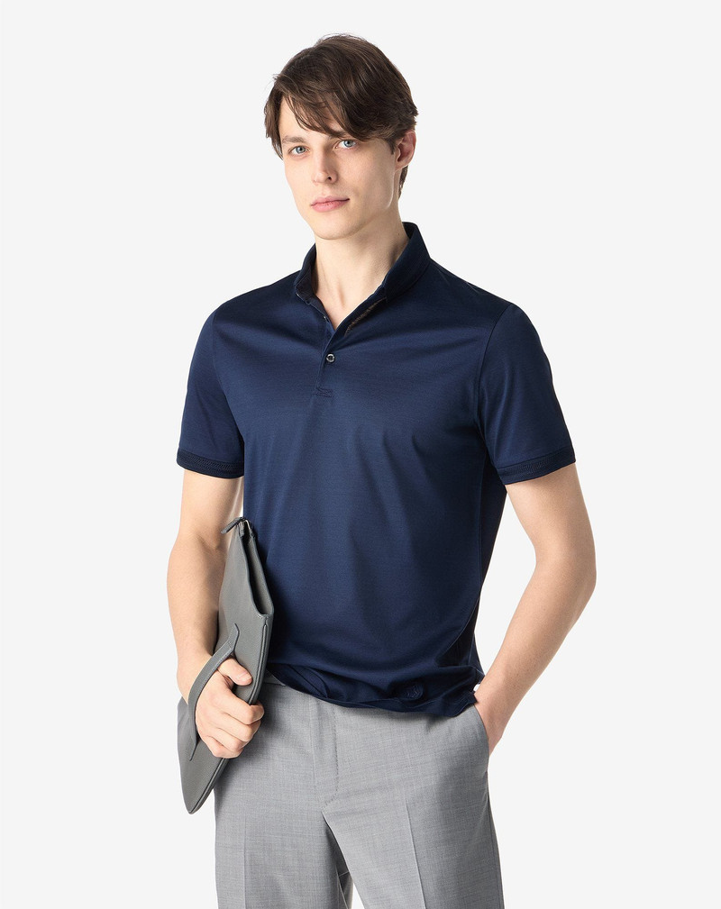 CORNELIANI Navy blue button-up lisle thread polo shirt outlook
