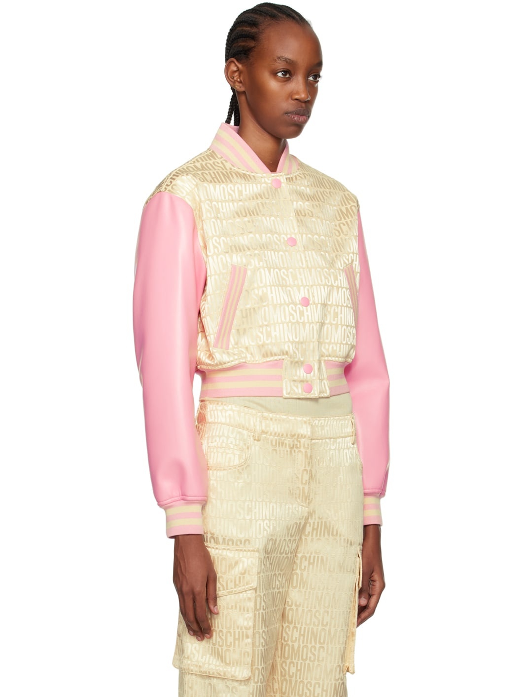 Beige & Pink Jacquard Bomber Jacket - 2