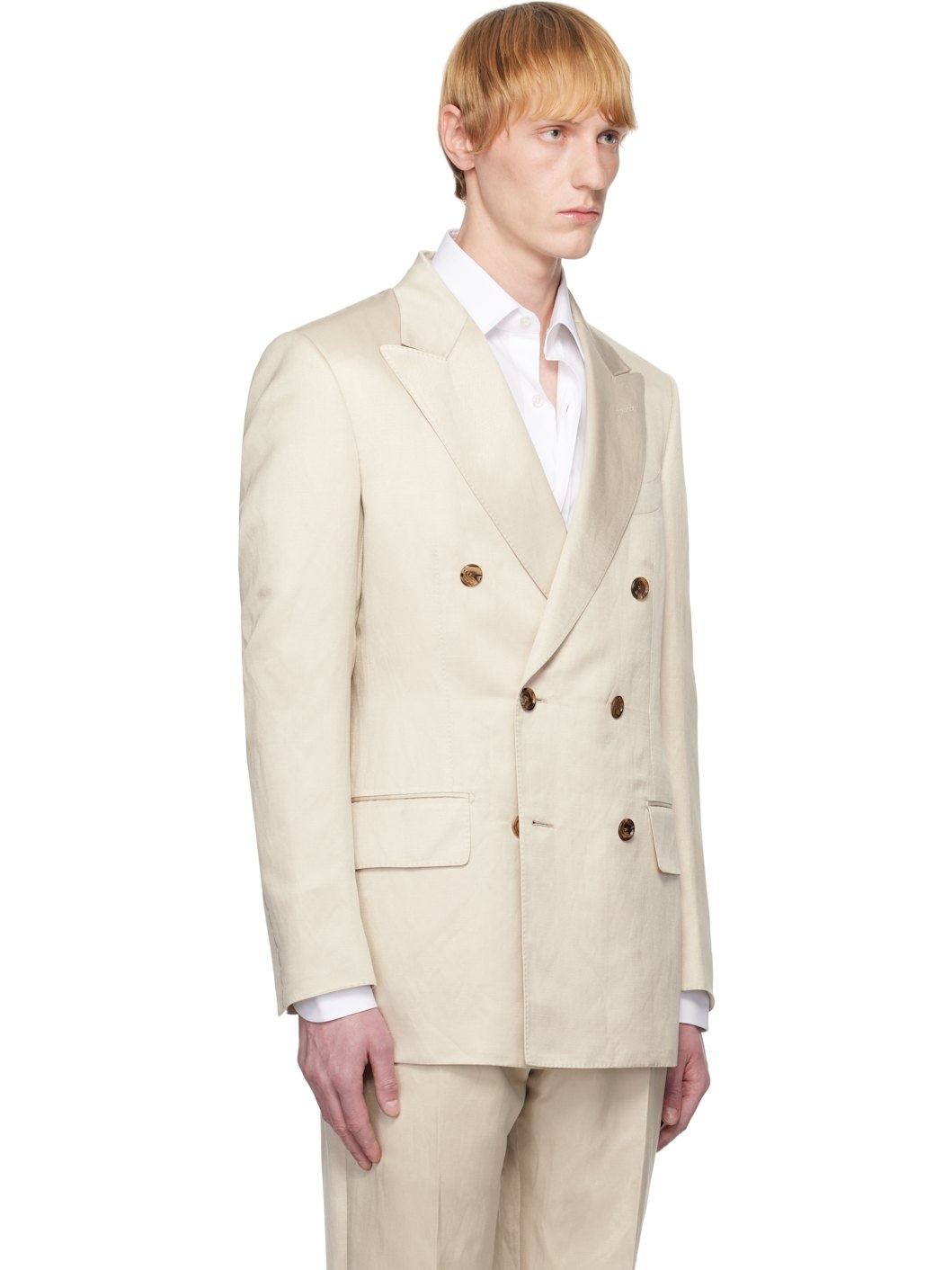 Beige Silk Linen Twill Atticus DB Blazer - 2