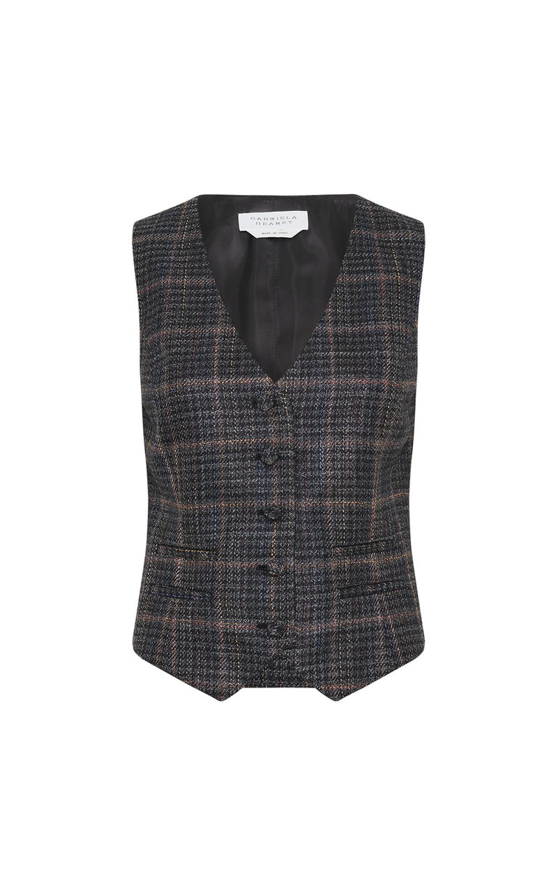 Coleridge Vest in Charcoal Multi Wool Silk Clubcheck Plaid - 1