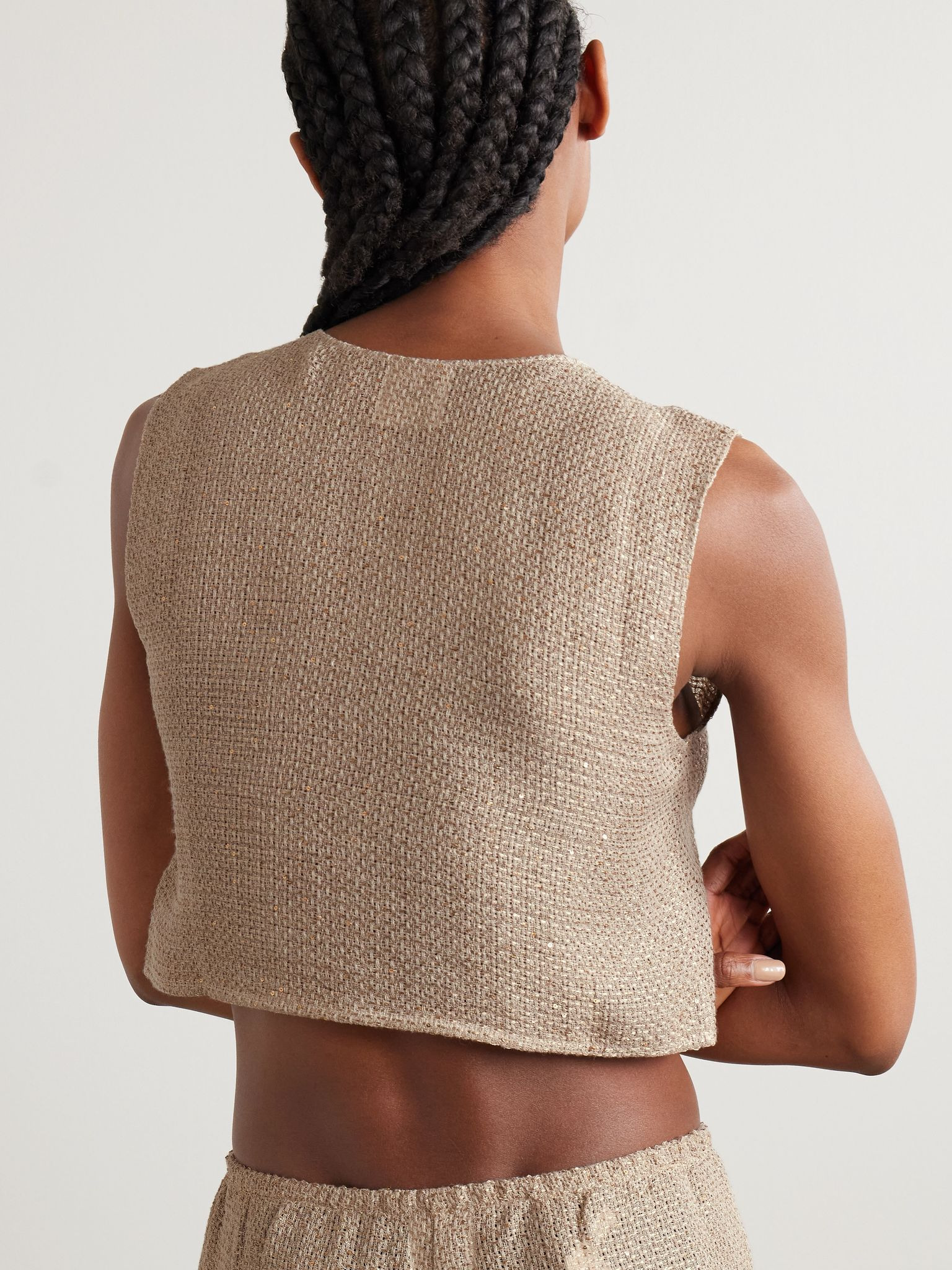 Stella cropped sequin-embellished linen-blend gauze vest Sand - 3