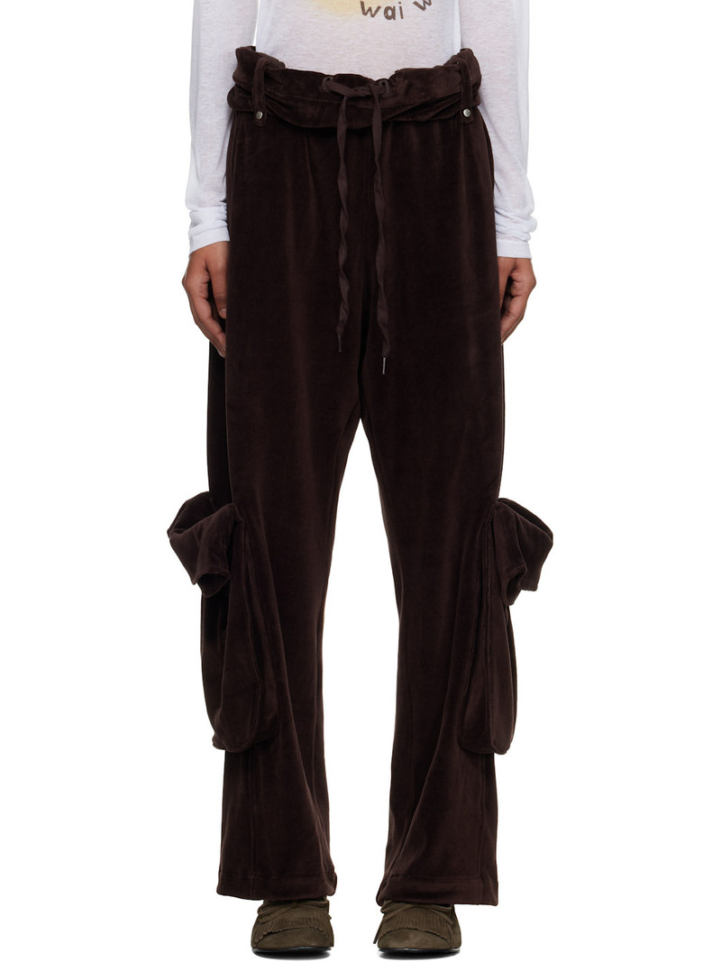 Brown Rolled Waist Velour Cargo Pants 1