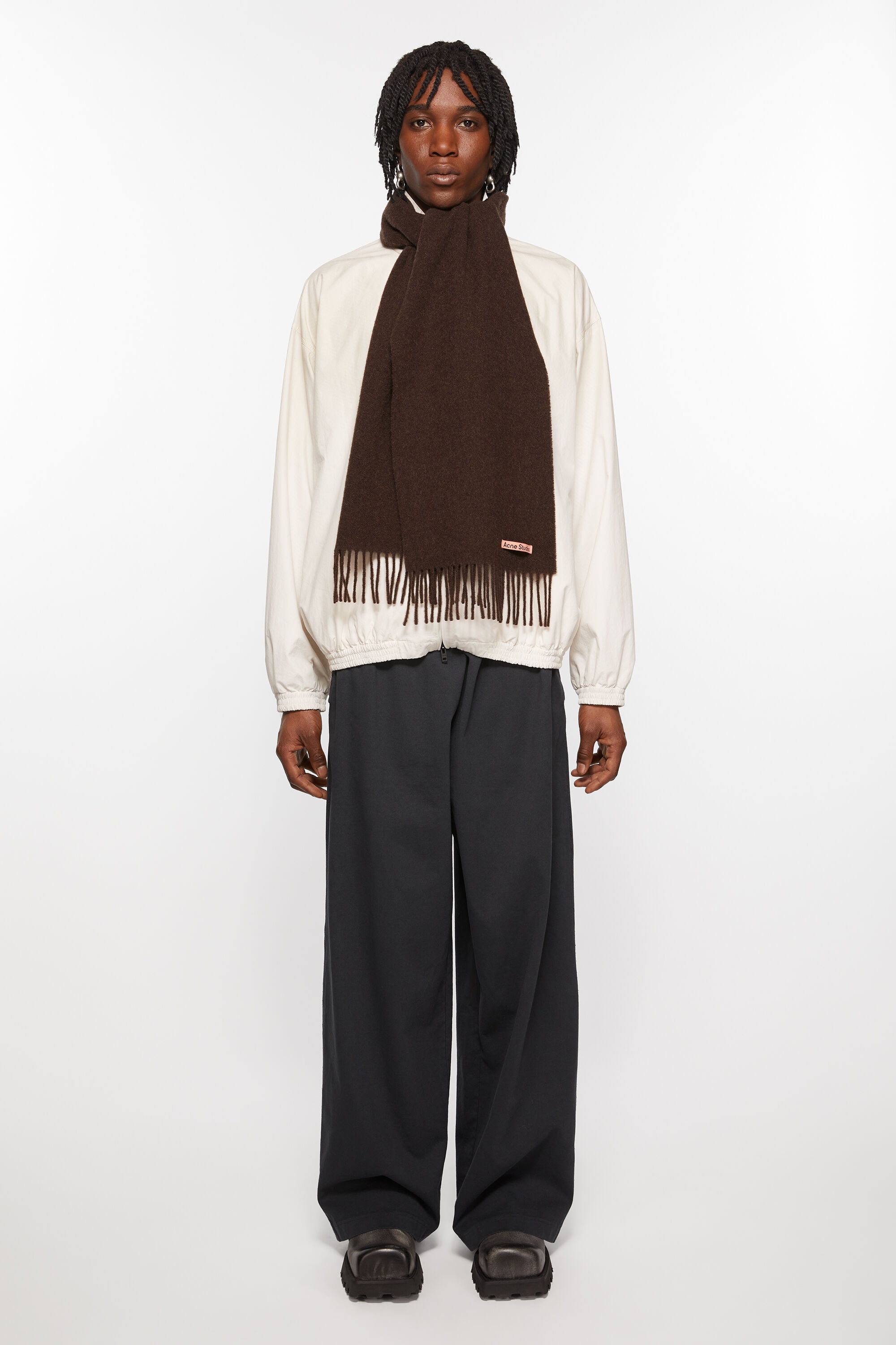 Fringe wool scarf - skinny - Brown melange - 3