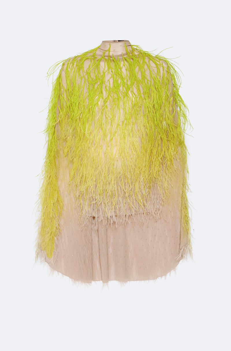Lightweight Georgette Oversized Cape Tee With Feathers 1