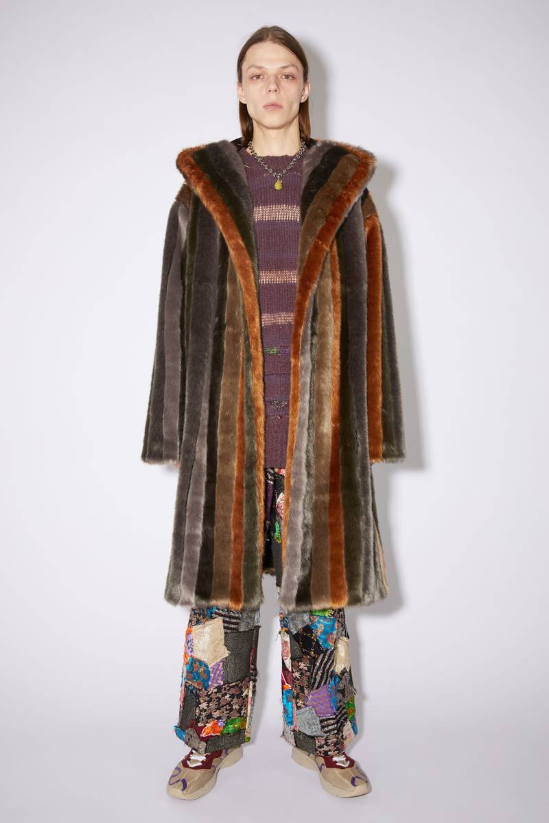 Acne Studios Striped furry hooded coat - Brown outlook