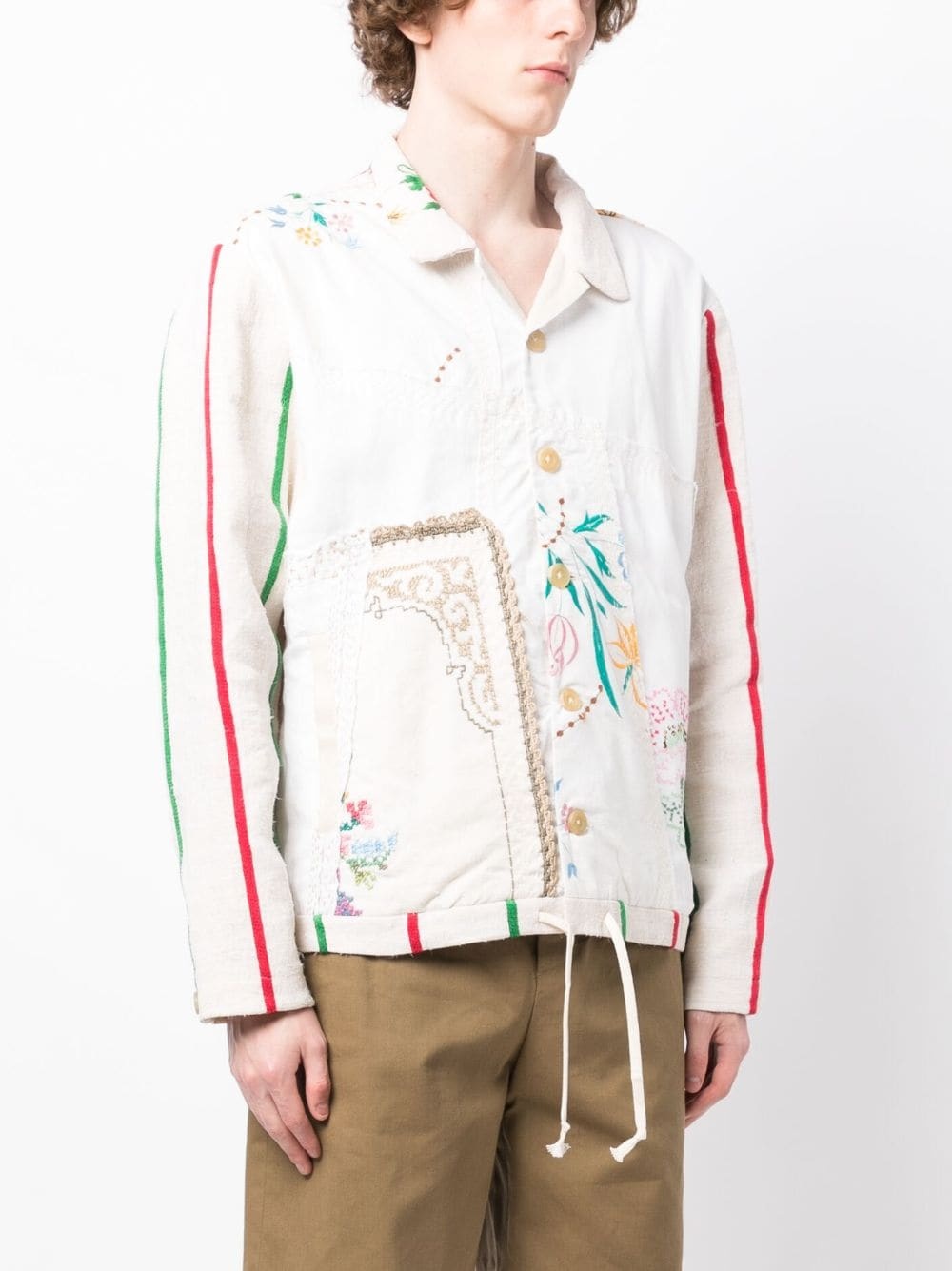 floral-embroidered buttoned shirt jacket - 3