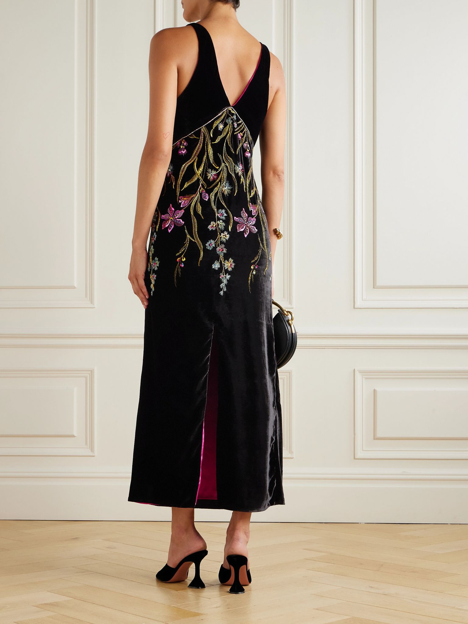 Zaffiro embroidered crystal-embellished velvet midi dress Black - 3