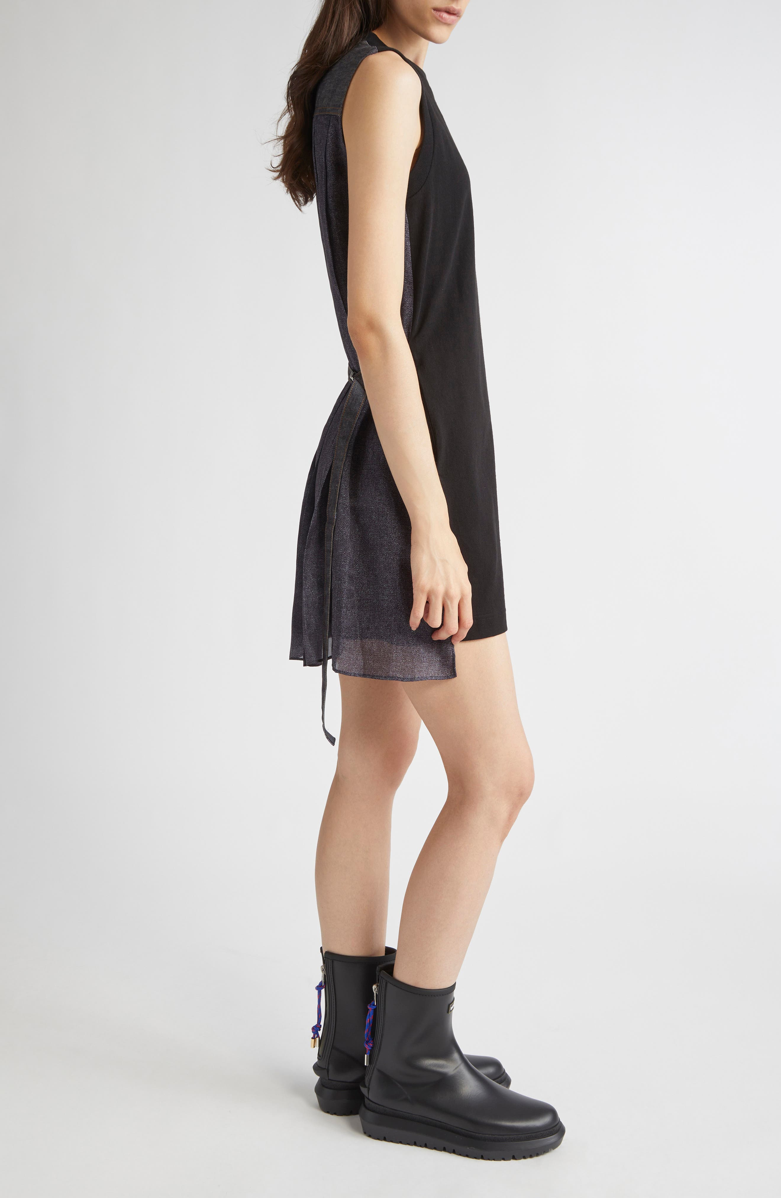 Sacai Mixed Media Cotton Jersey & Denim Minidress in Black/Indigo at Nordstrom - 3
