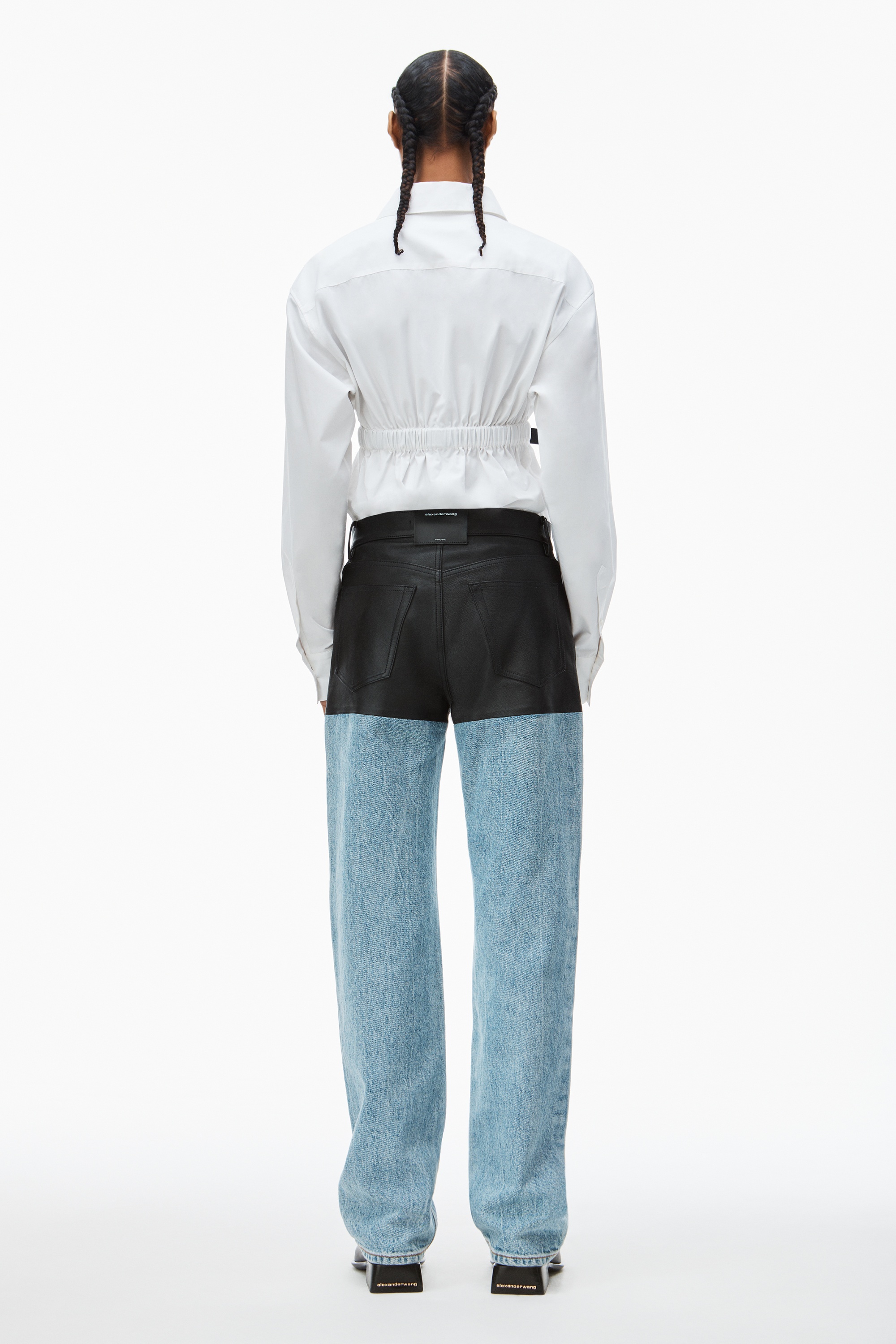Leather stacked jean in denim - 4