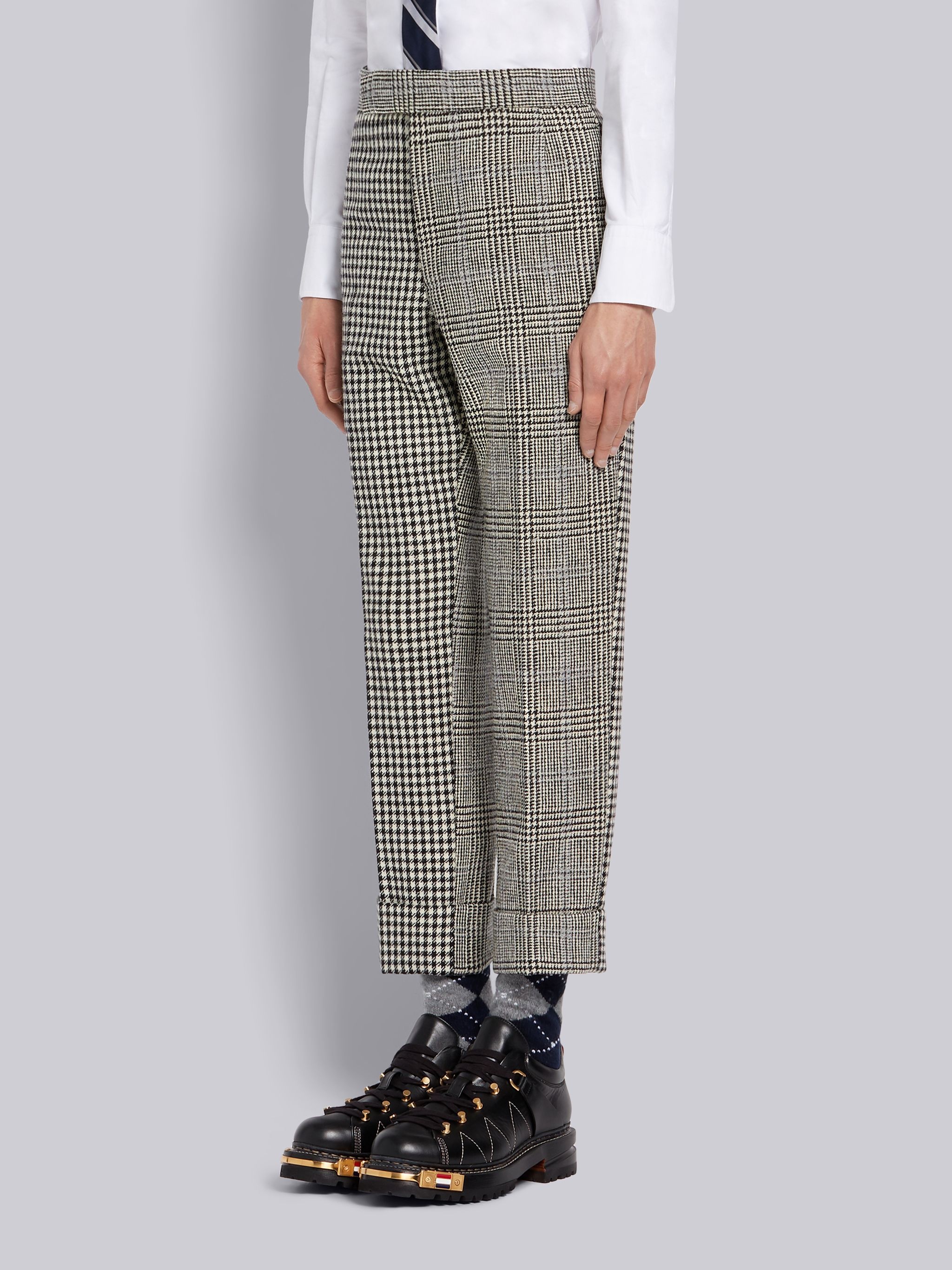 Black and White Fun-Mix Prince of Wales Overcheck Hunting Wool Tweed Classic Trouser - 2