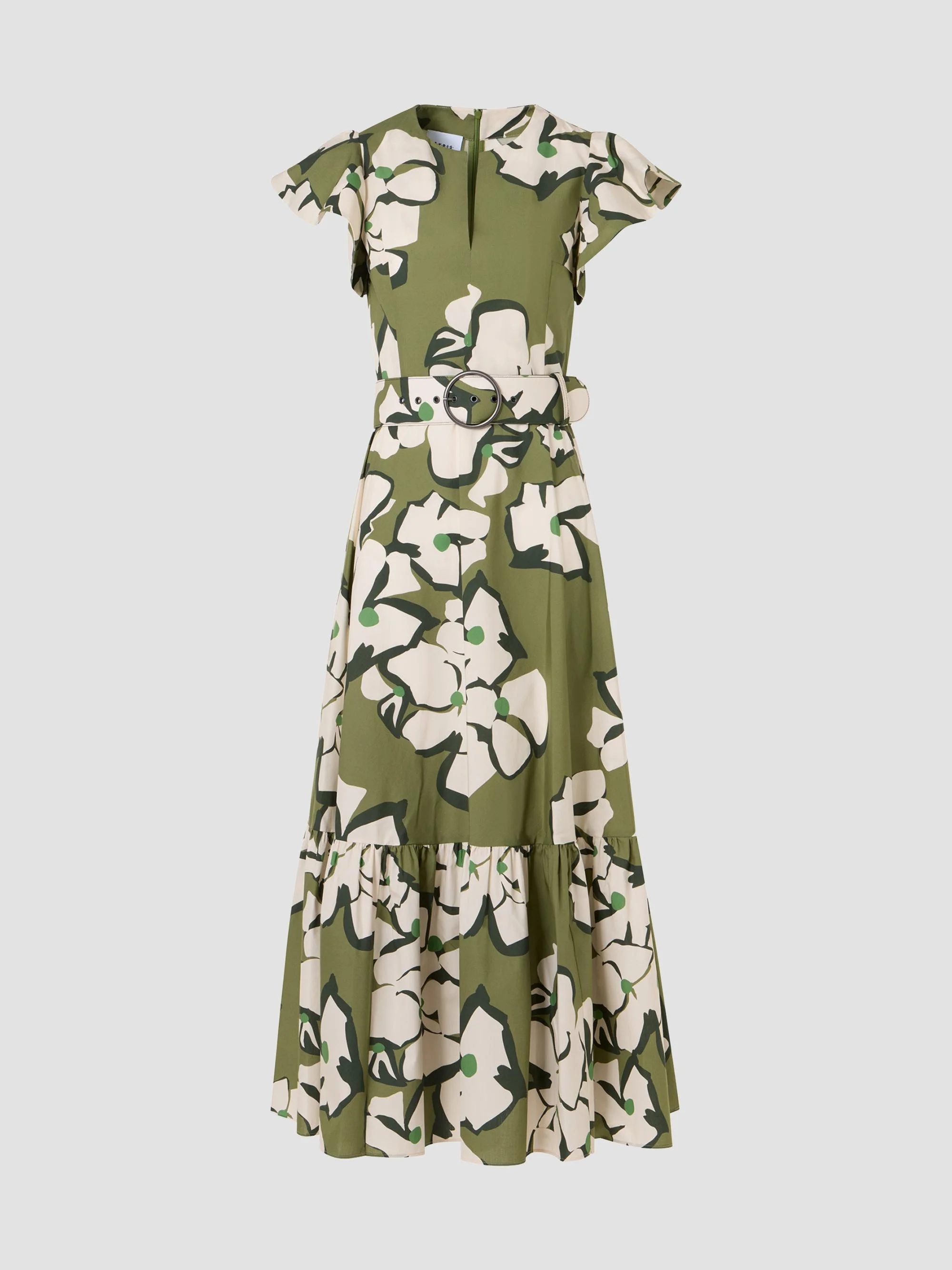 Women's Floral Cotton Belted Midi Dress - Green Tea Cream Olive - 1