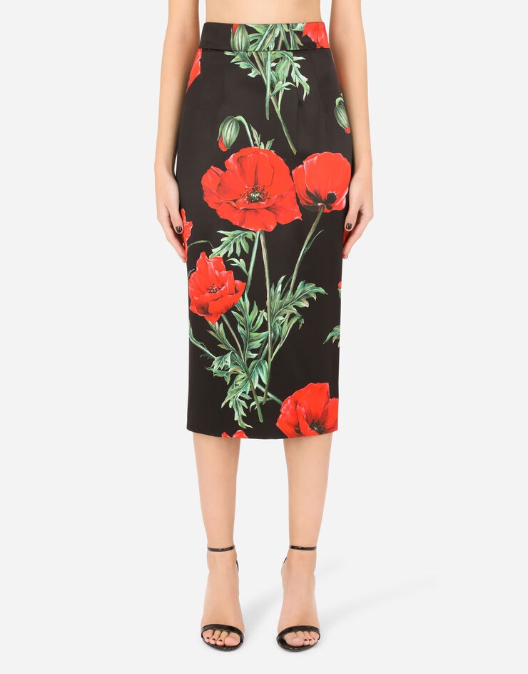 Poppy-print satin pencil skirt - 1