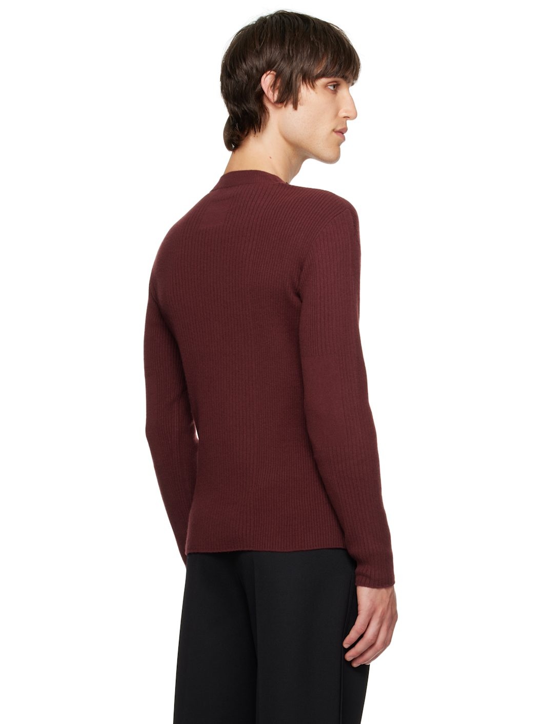Burgundy Ribbed V-Neck Sweater - 3