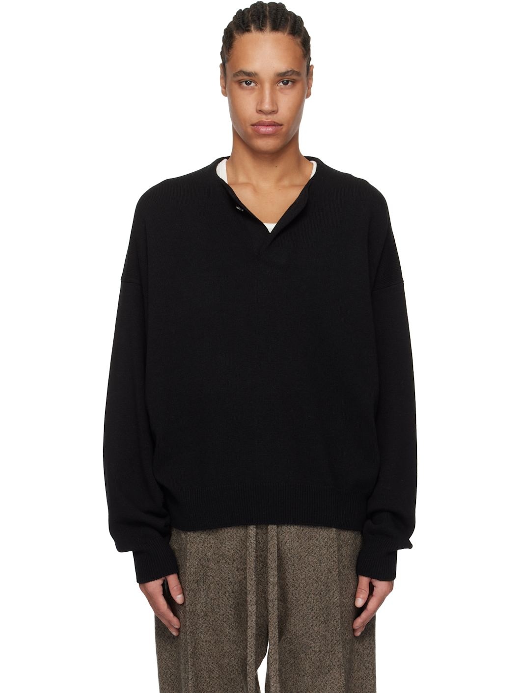 Black Fine Knit Henley - 1