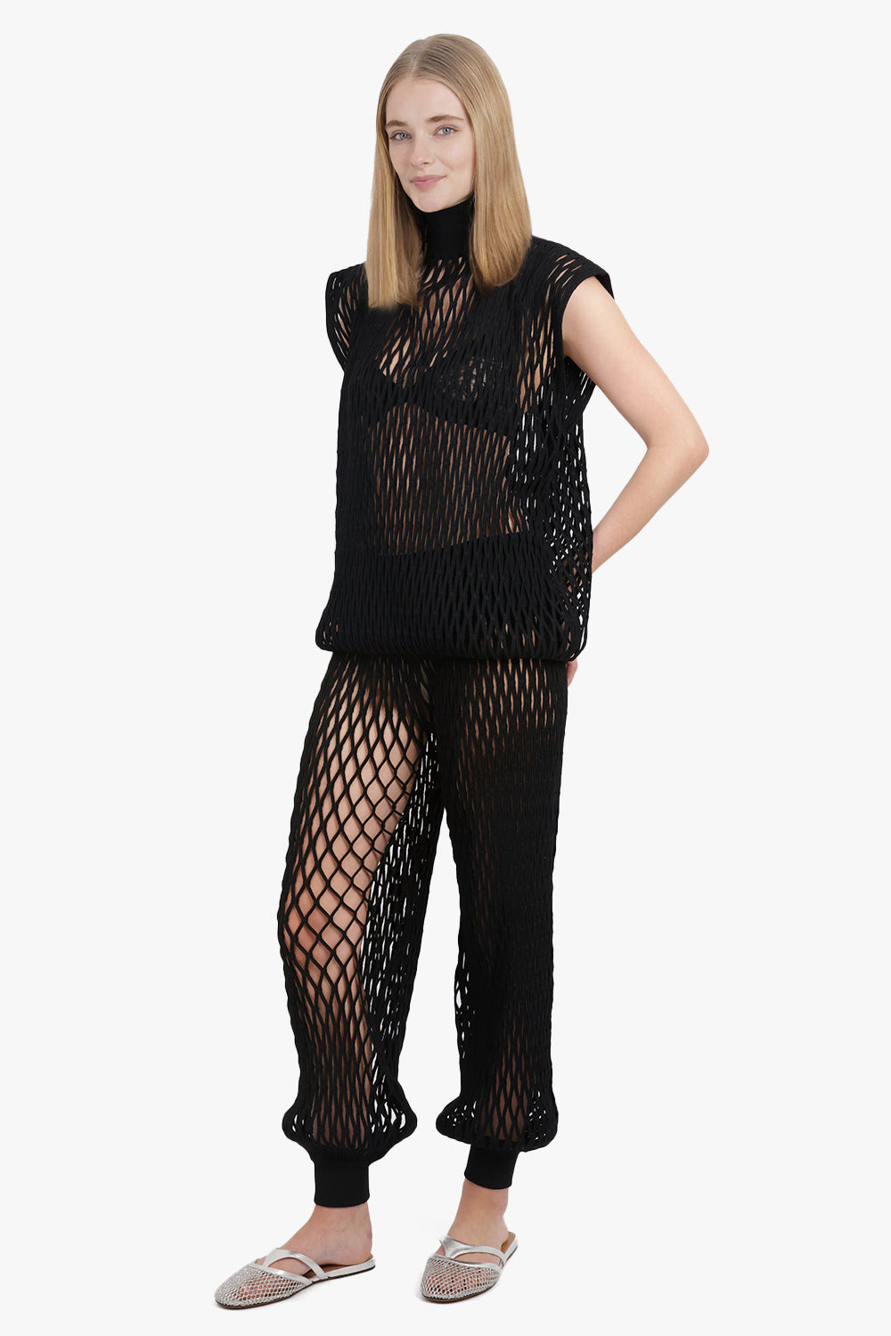 MACRAME KNIT RELAXED ELASTIC CUFF PANT | BLACK - 4