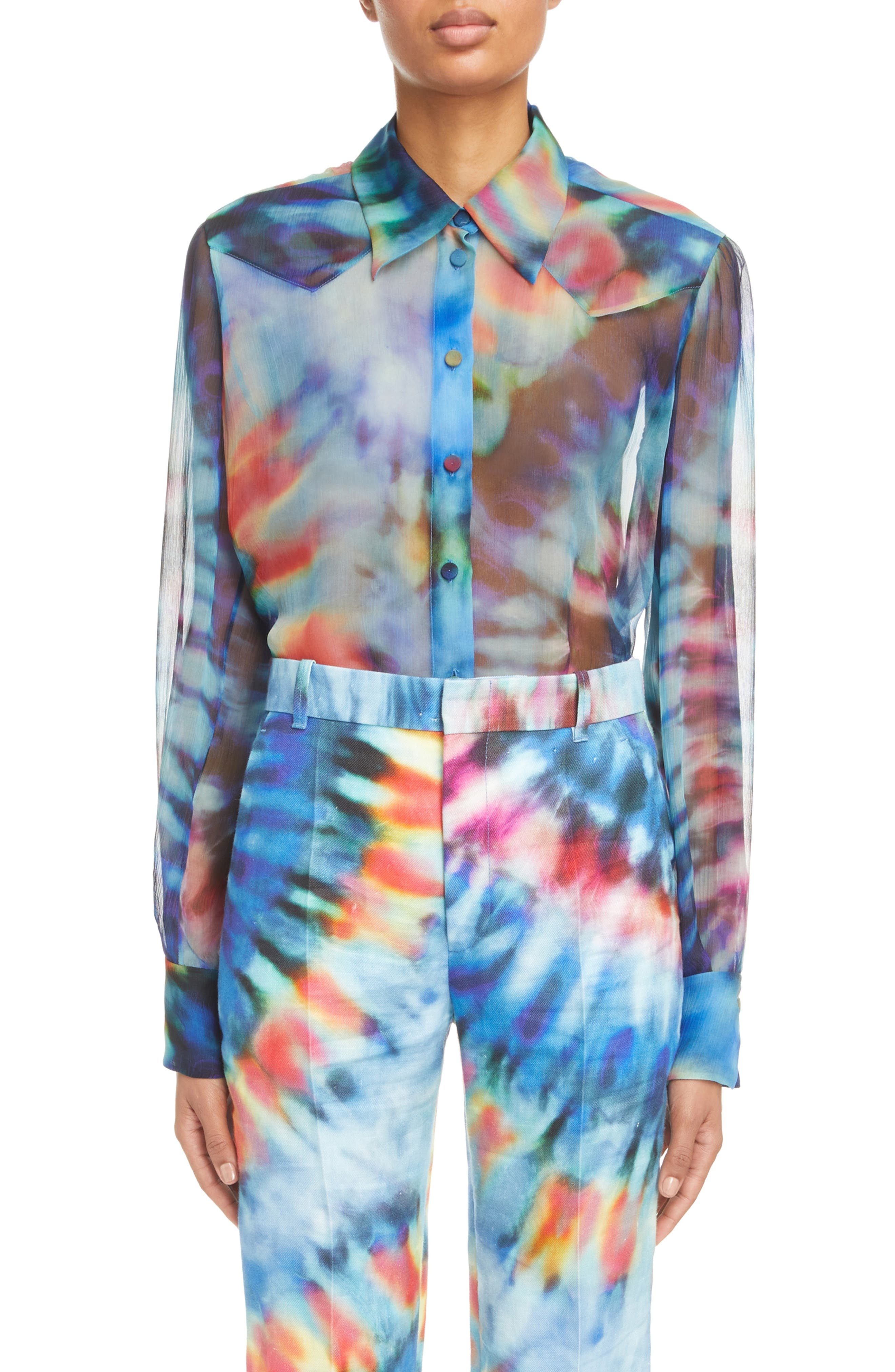 Chloé Tie Dye Silk Button-Up Blouse in 4Za-Multicolor Blue 1 at Nordstrom, Size 2 Us - 1