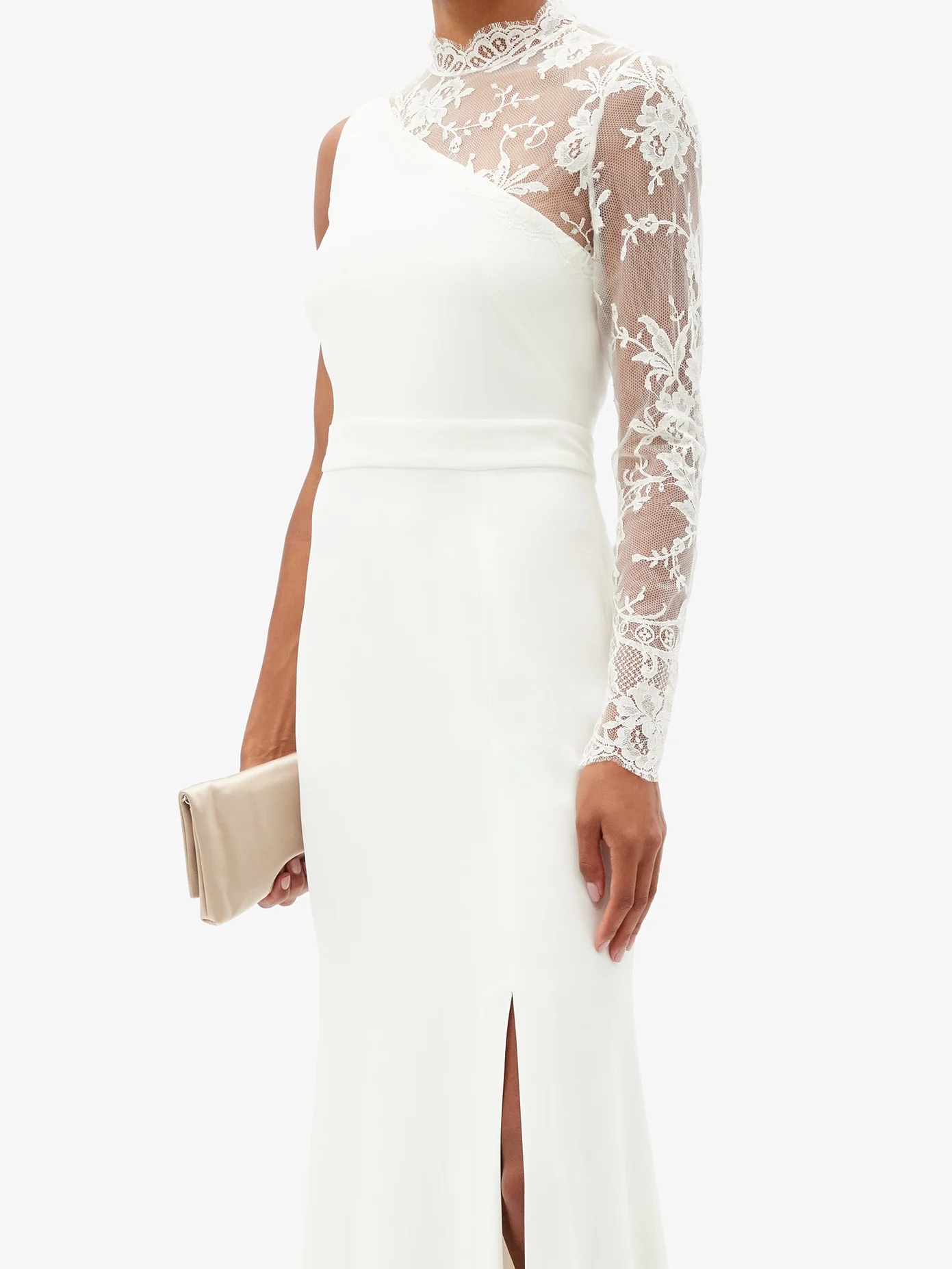 One-shoulder lace-trimmed crepe gown - 6