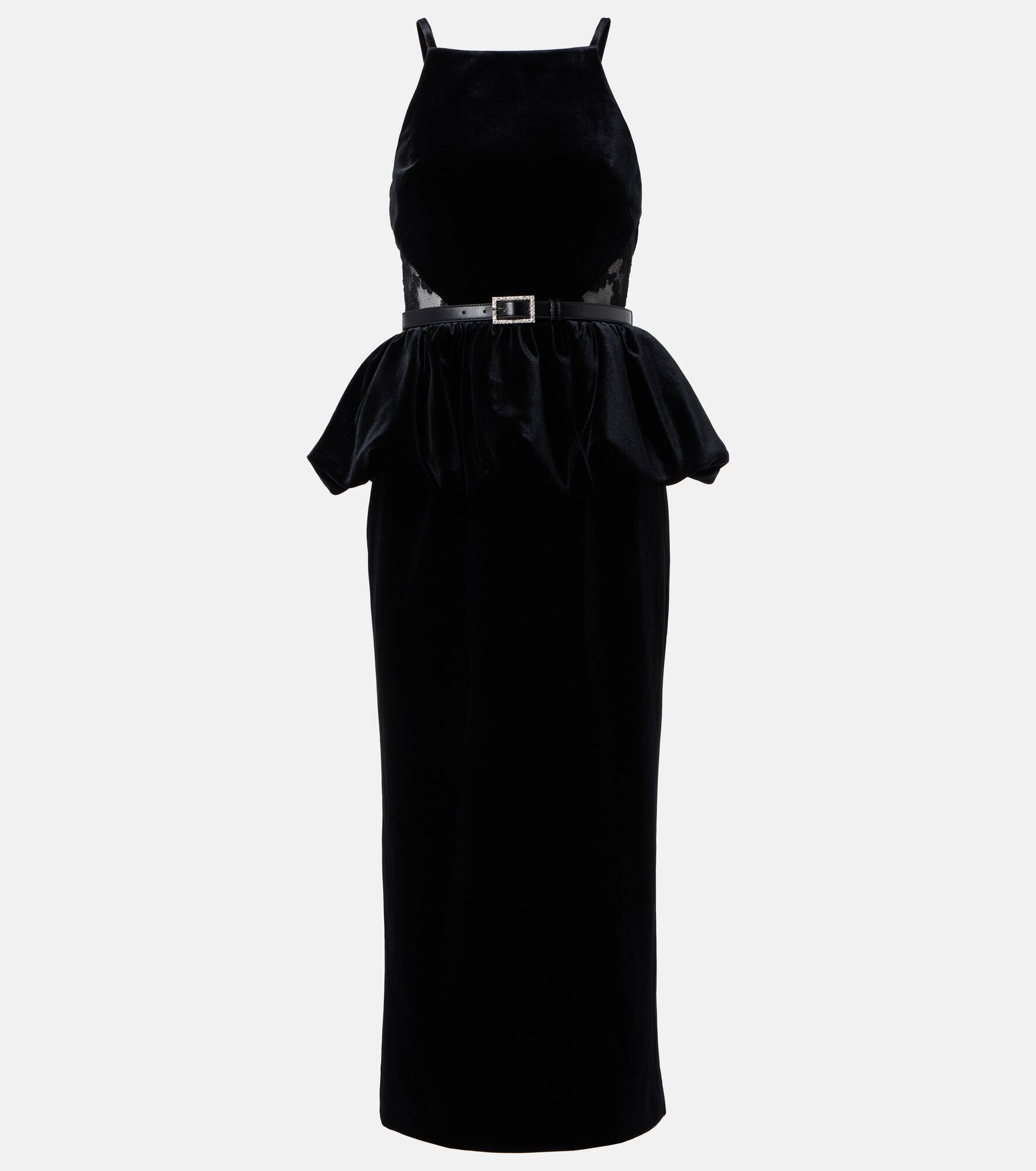 Belted lace-trimmed velvet midi dress - 1