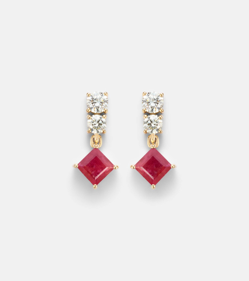 14kt gold (585/1000) earrings with diamonds, pink sapphire, and ruby 1