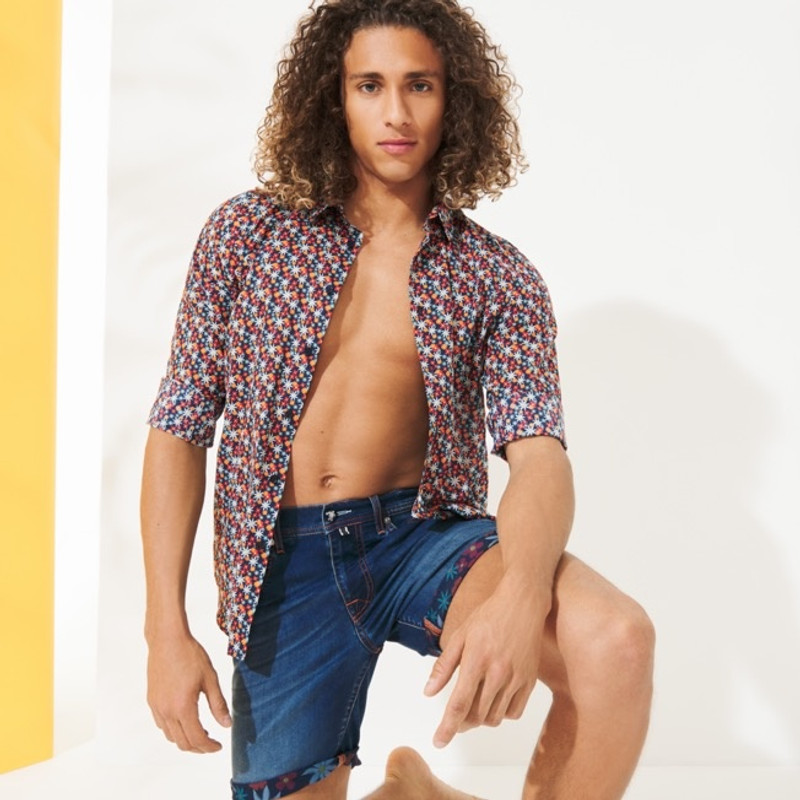 Men Denim Bermuda Shorts printed 1977 Spring Flower 5