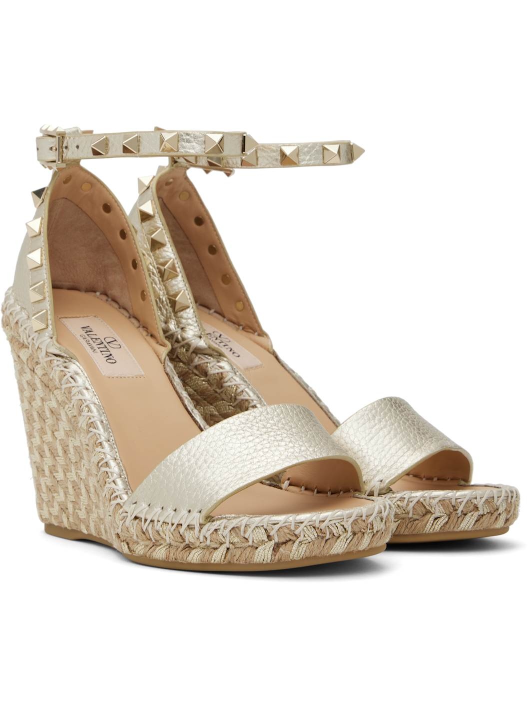 Silver Double Rockstud Grainy Calfskin Wedge Sandals - 4