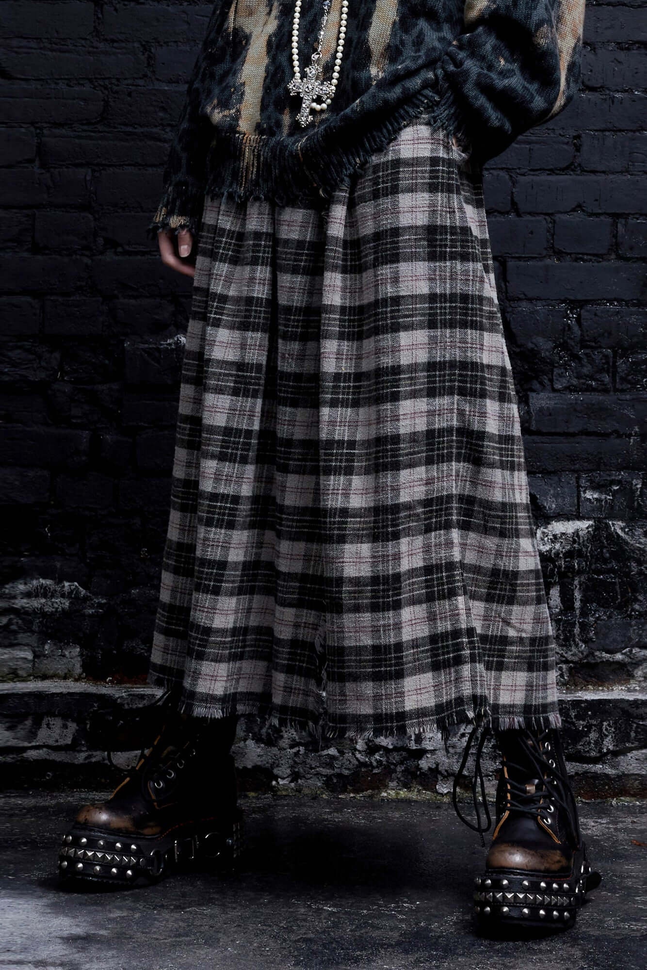 KILT SKIRT - OD BLACK/BEIGE PLAID - 2