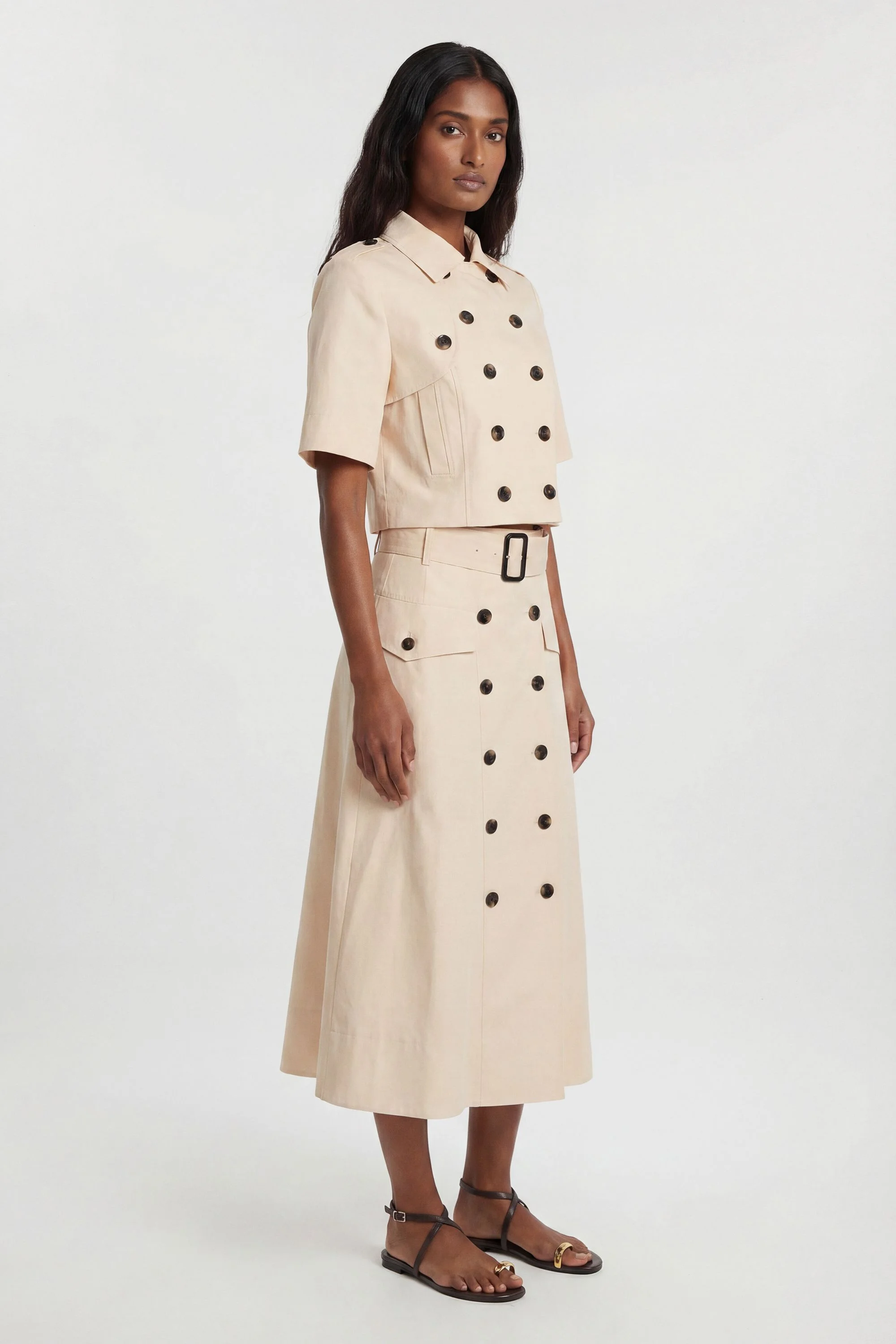 Tailored Cotton Trench Button Front Pleated Skirt - 1