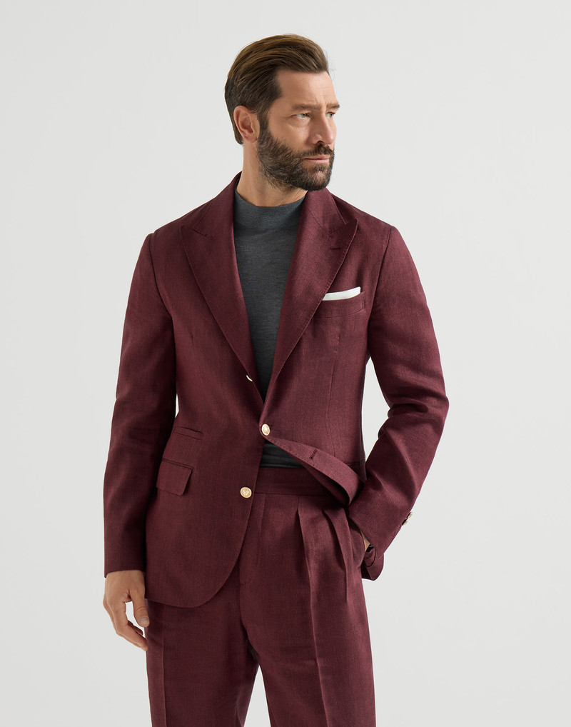 Linen and virgin wool chevron deconstructed blazer with peak lapels and metal buttons 2