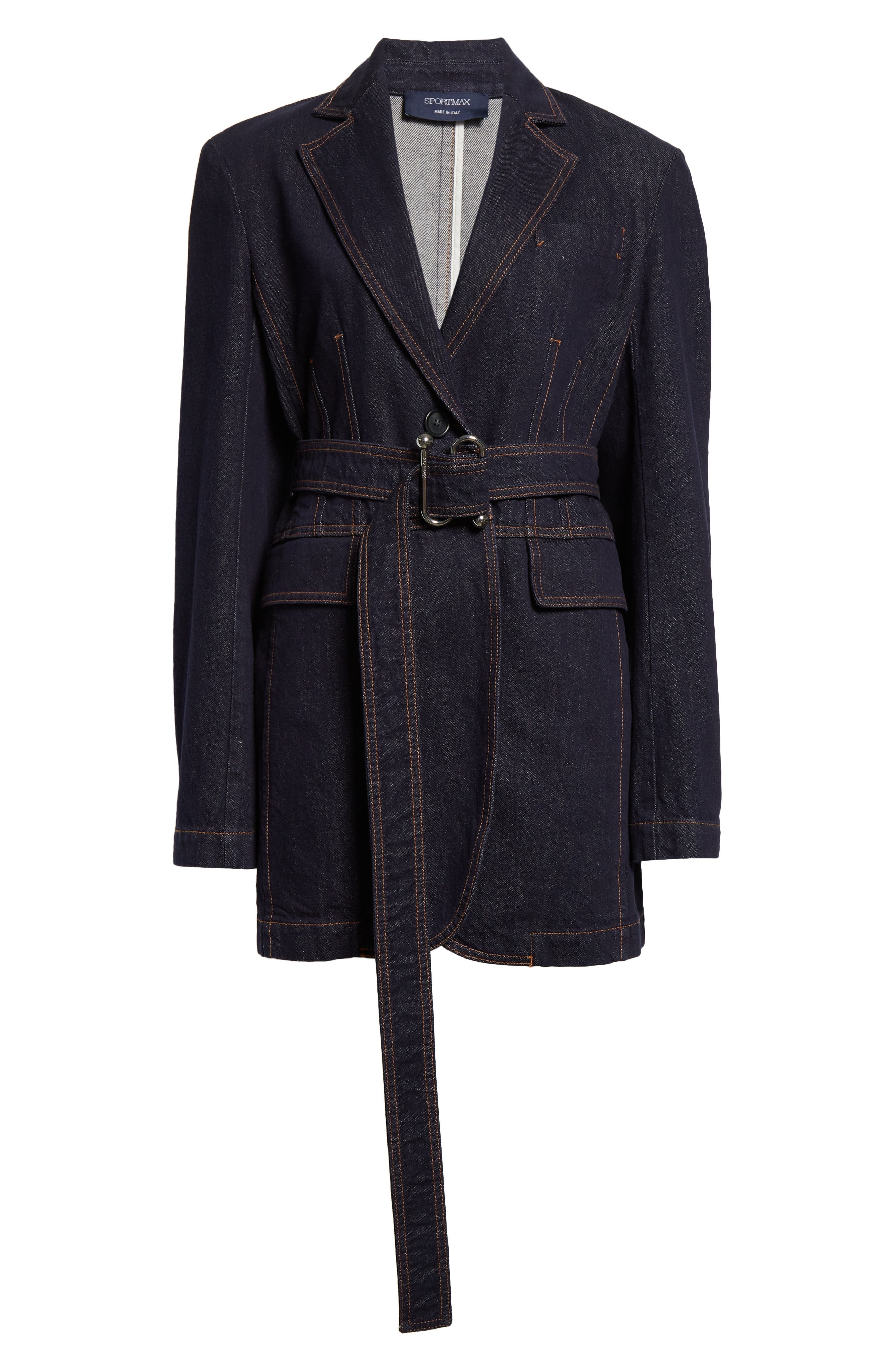 SPORTMAX Domino Monogram Buckle Belted Denim Jacket in Navy at Nordstrom - 7