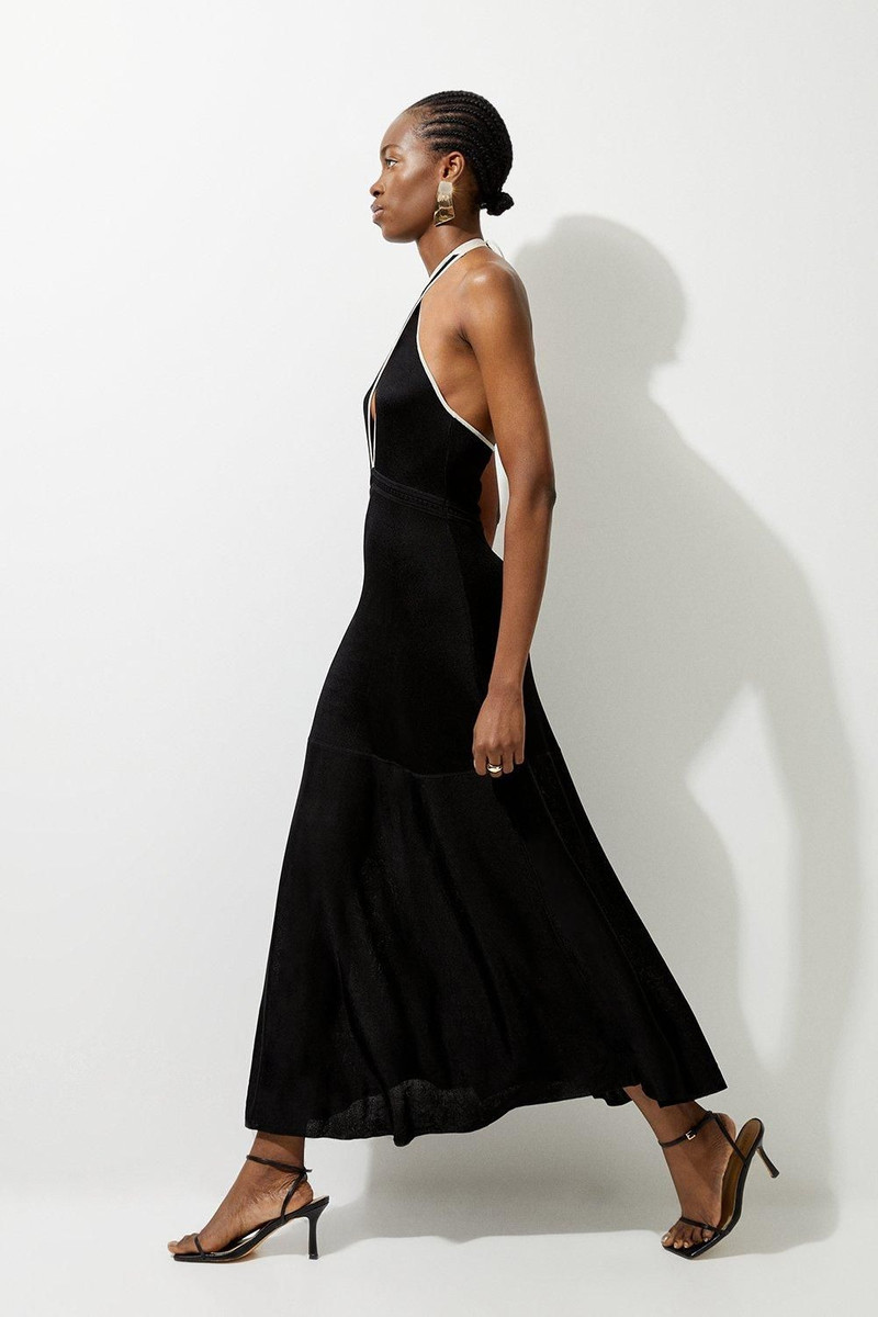 Slinky Knit Contrast Piping Halter Neck Maxi Dress 3