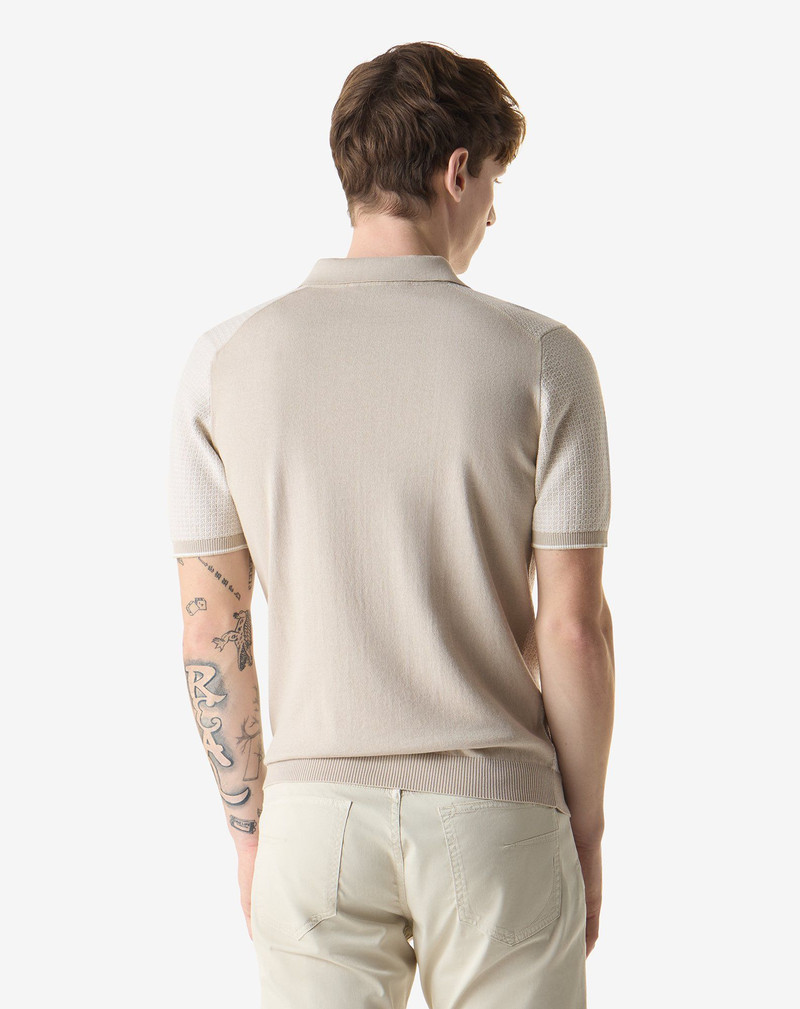 Beige two-tone buttonless pure cotton polo shirt 3