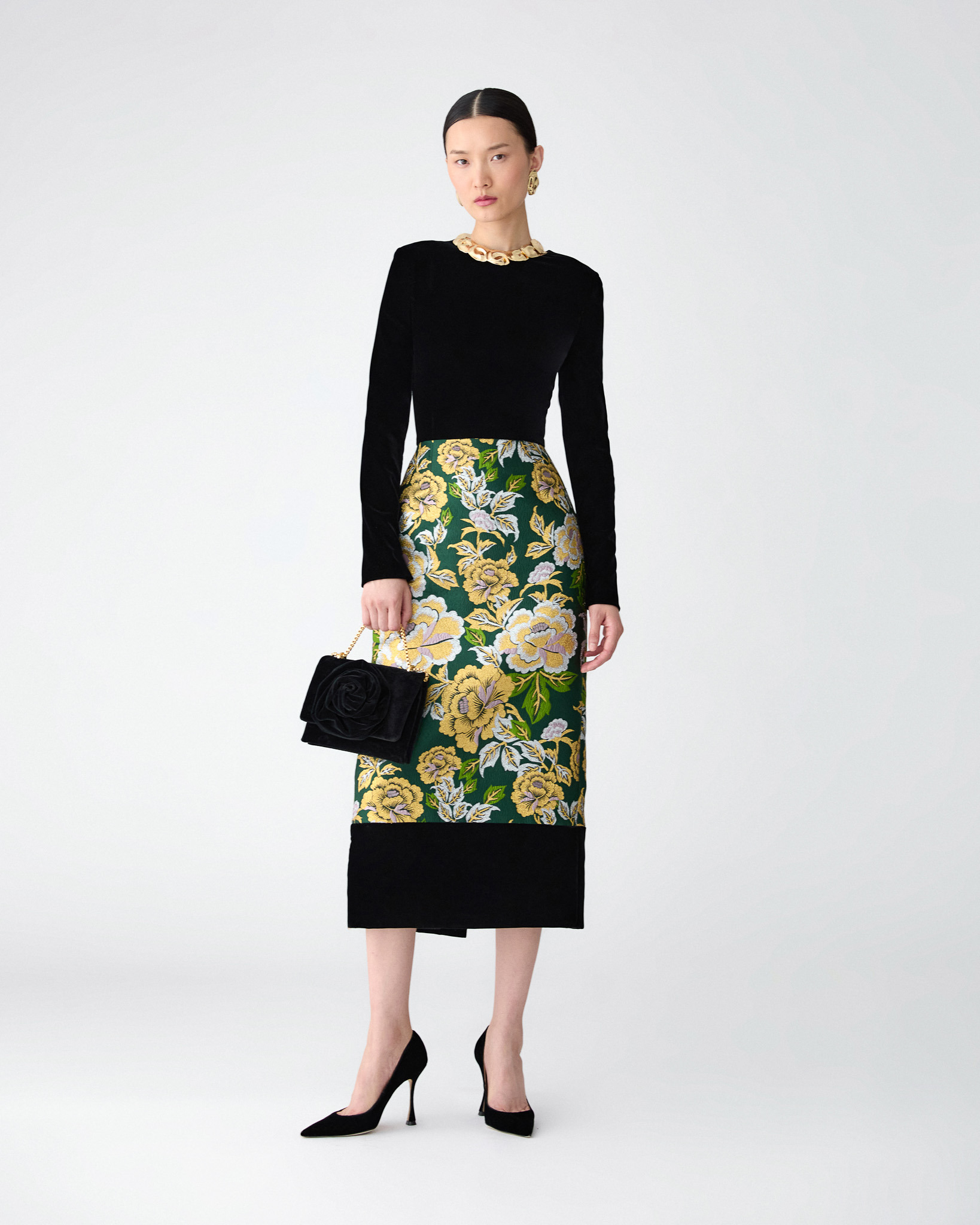 Floral Jacquard and Velvet Midi Dress - 2