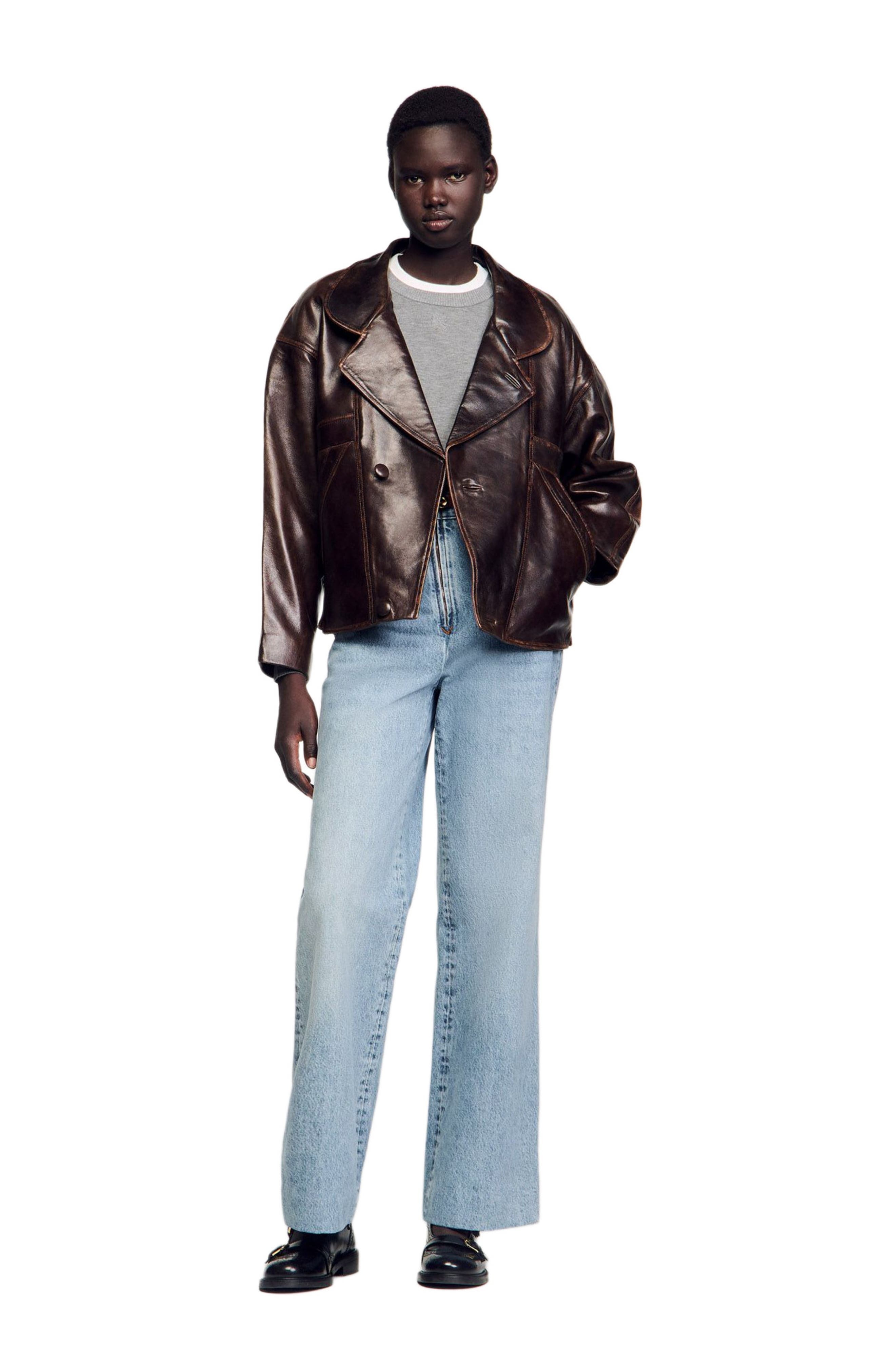 SANDRO Oversized leather jacket in Brown at Nordstrom - 5