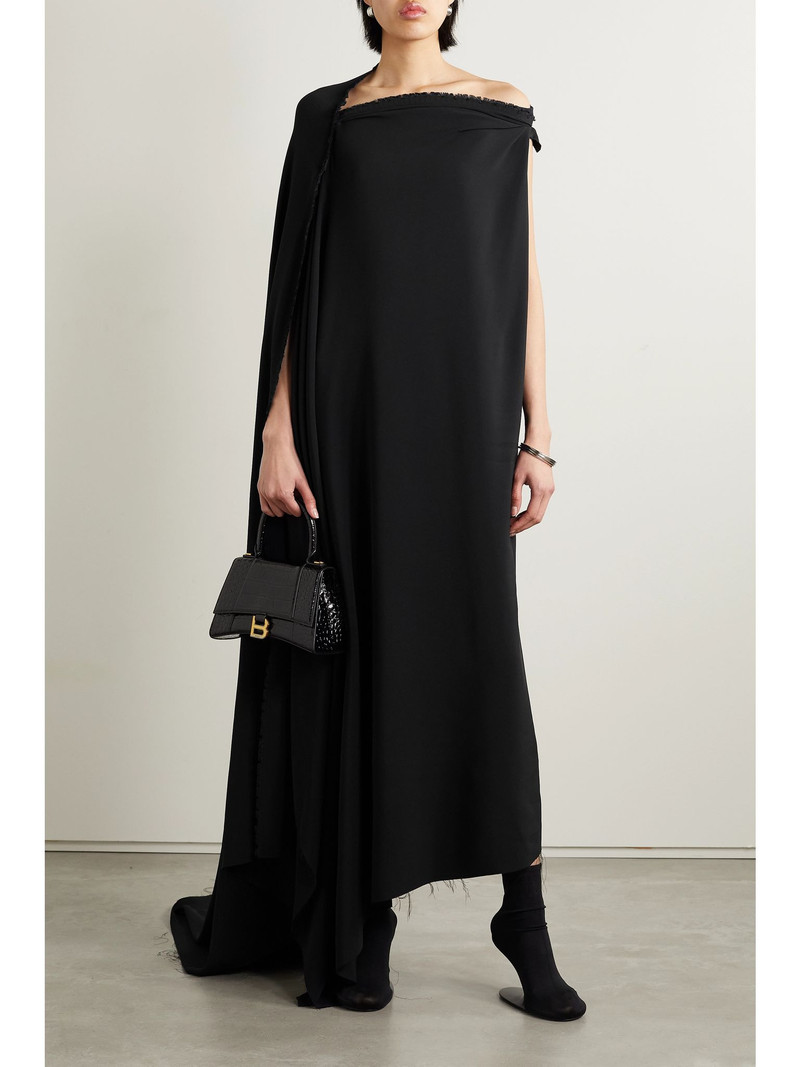 Asymmetric one-shoulder frayed draped crepe gown Black 3