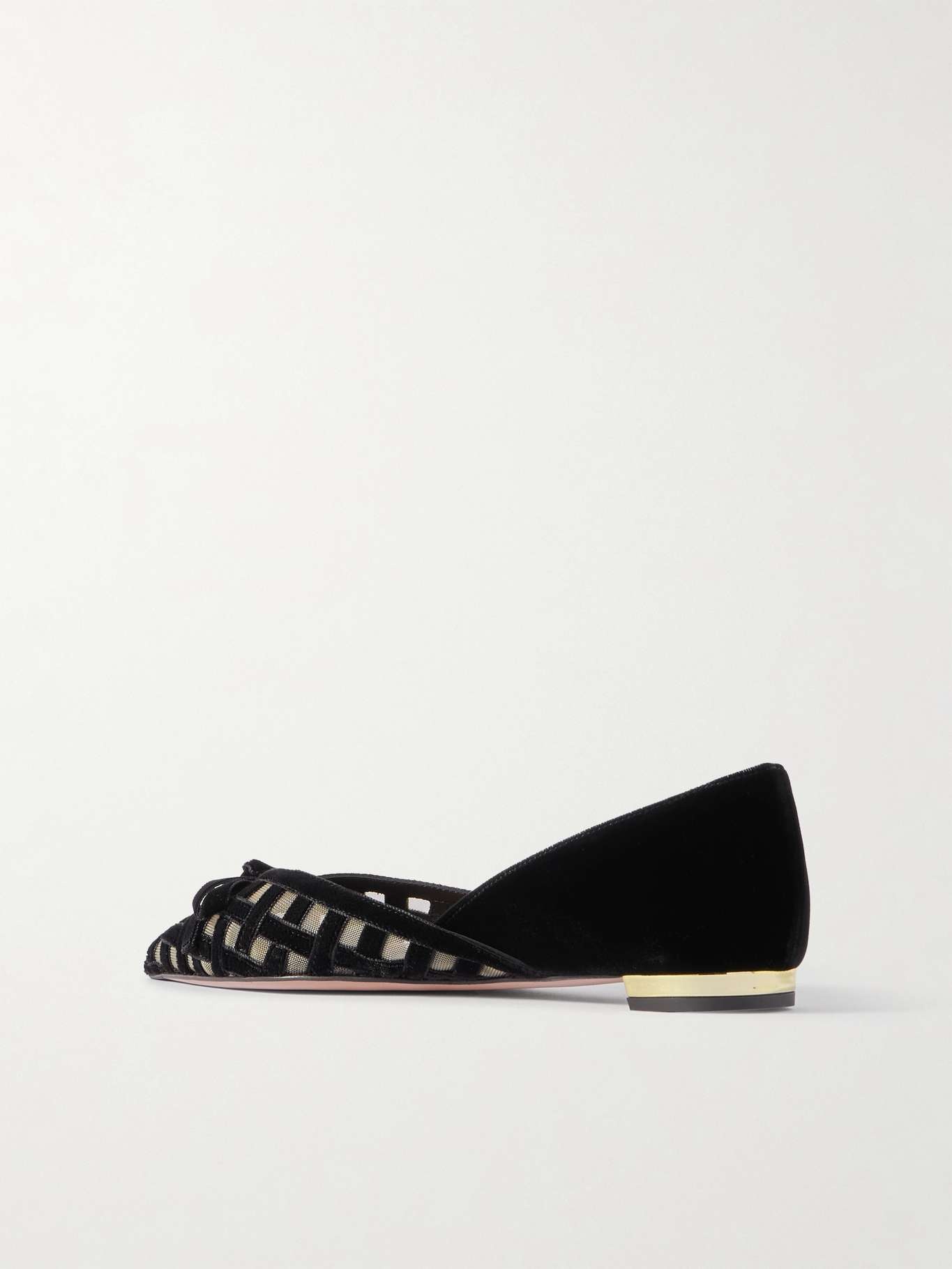 Romance bow-embellished mesh-trimmed velvet pointed-toe ballet flats - 3