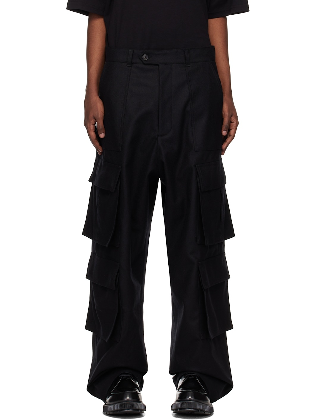 Black Flannel Wool Wide Leg Cargo Pants - 1
