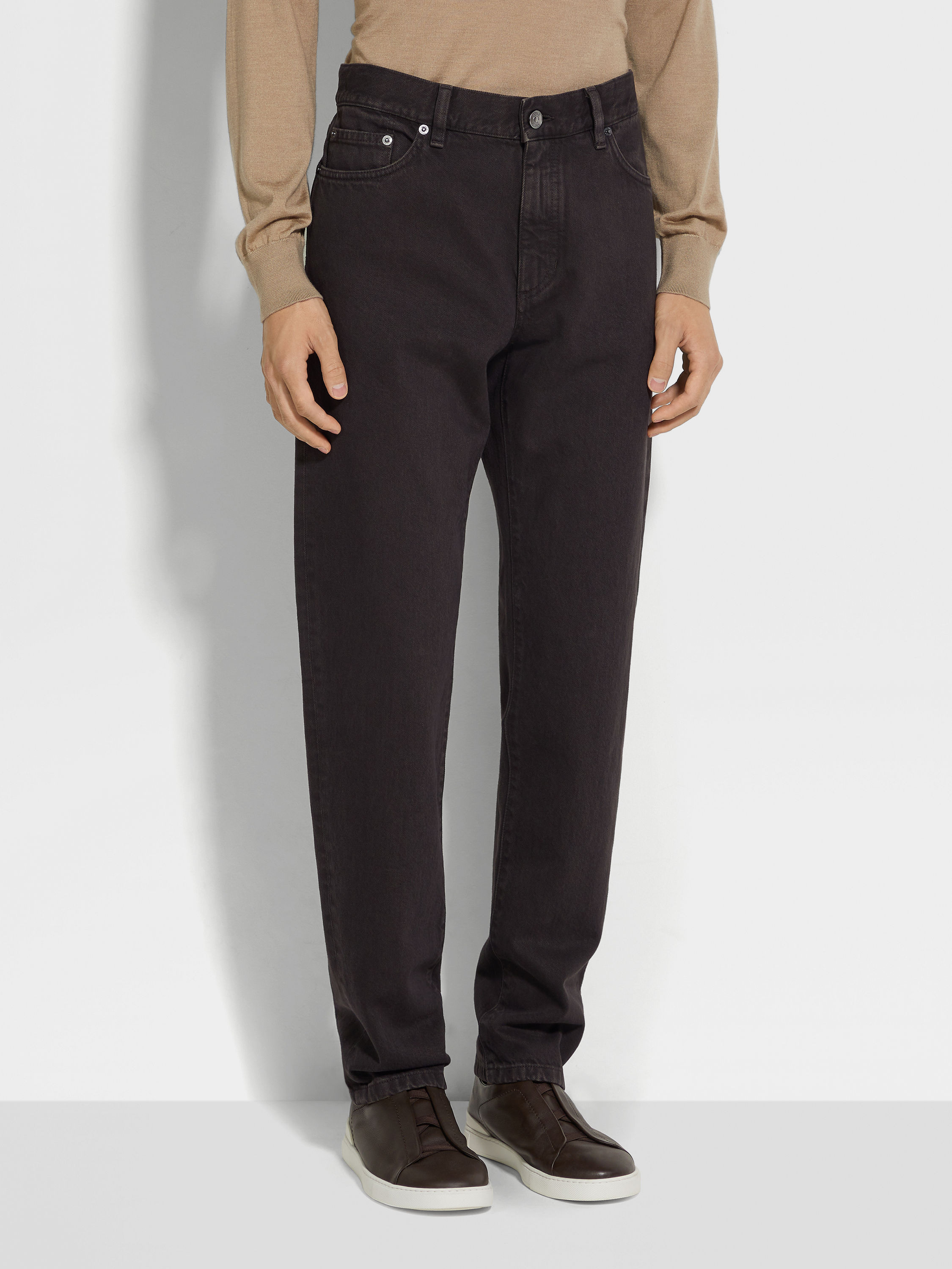 DARK BROWN COTTON ROCCIA JEANS - 4