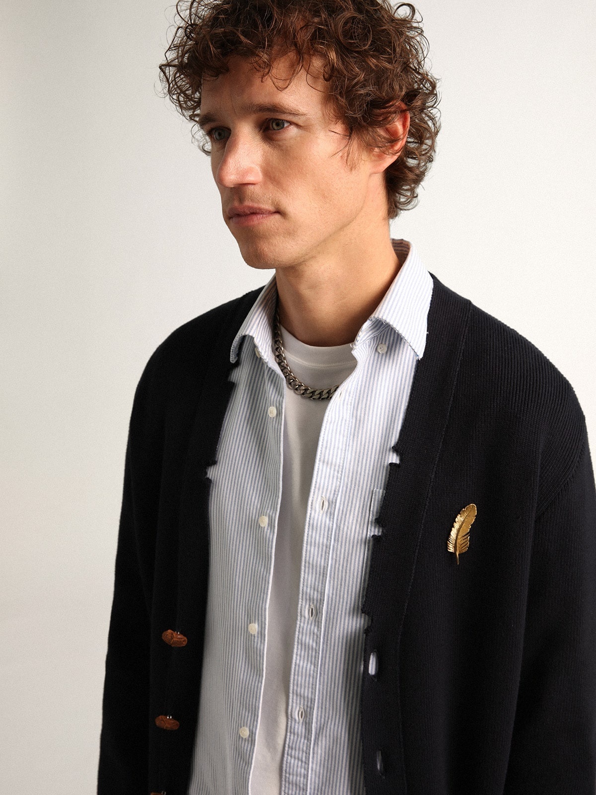 Golden Collection cardigan in dark blue cotton with a distressed finish - 6