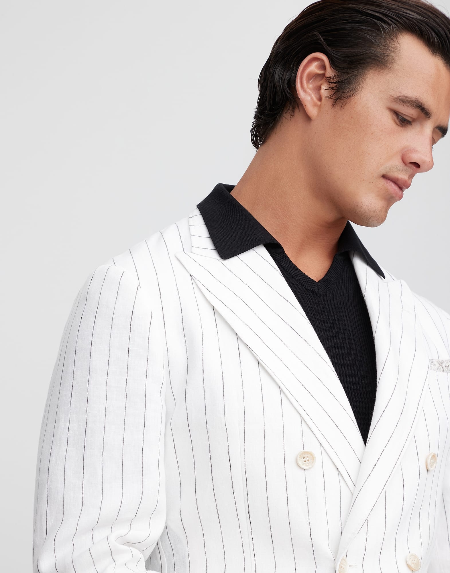 Linen chalk stripe one-and-a-half breasted deconstructed blazer with patch pockets - 3