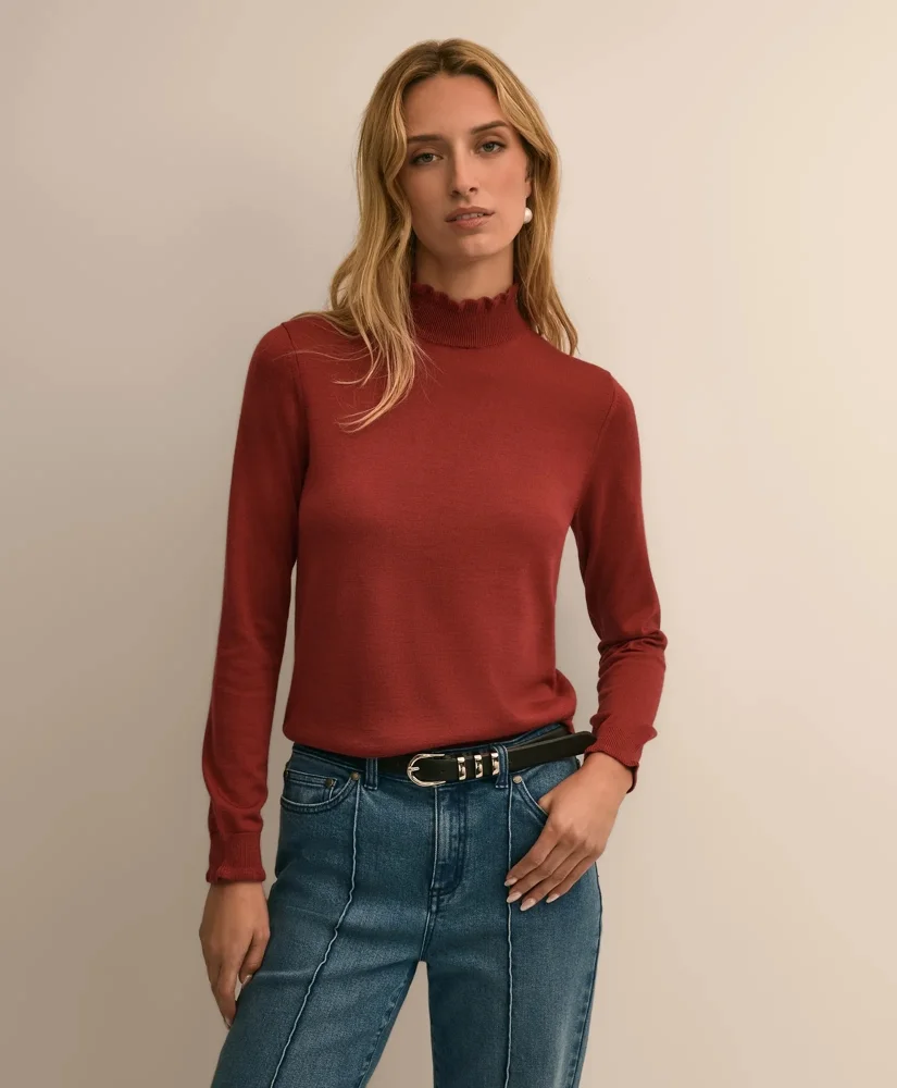 Merino Wool Blend Ruffle Turtleneck Sweater - 1