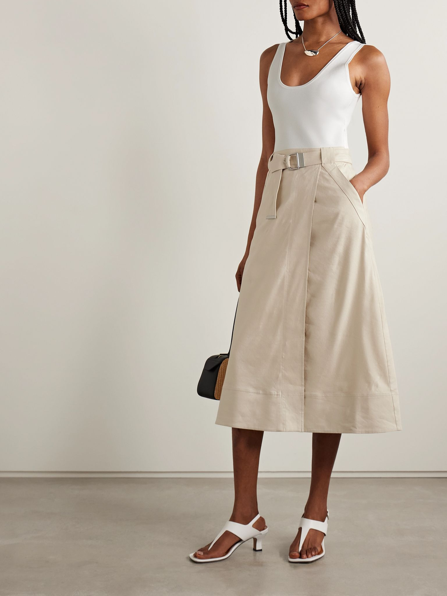 Camden belted linen-blend and stretch-knit midi dress Beige - 2