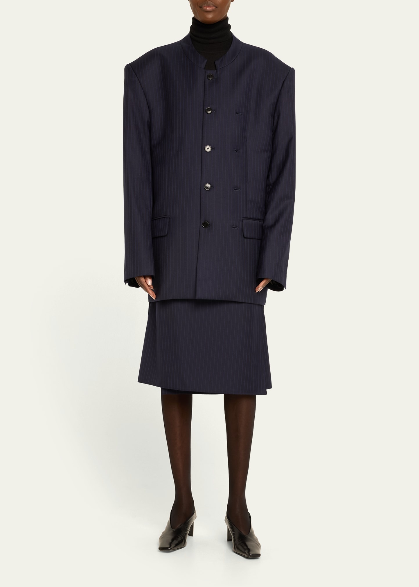 Pinstripe Mao Oversized Wool Jacket - 2