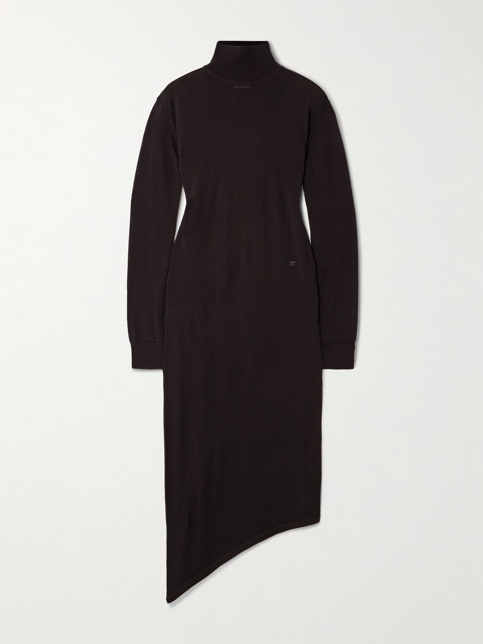Asymmetric embroidered merino wool midi dress Dark brown - 1