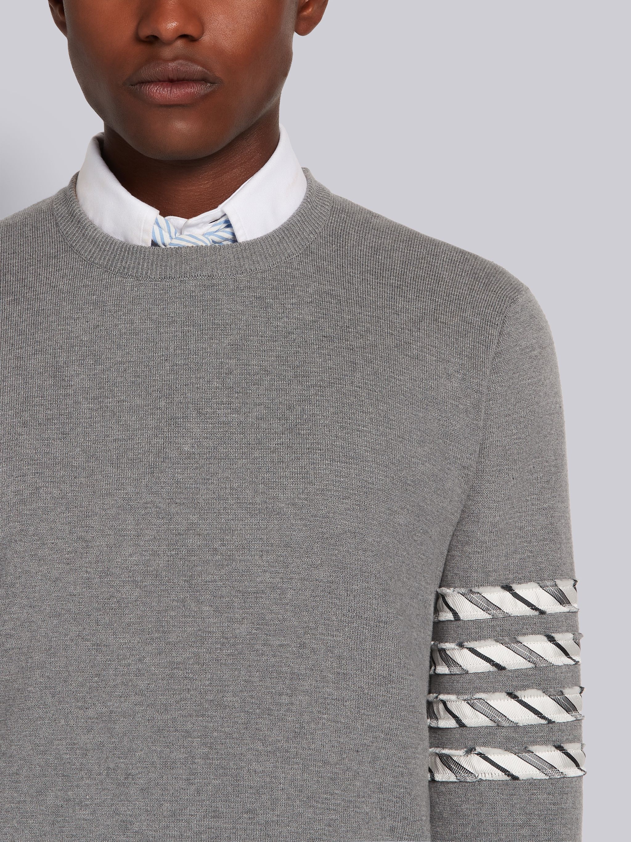 Grey Cotton Milano Stitch Silk 4-Bar Crewneck Pullover - 5