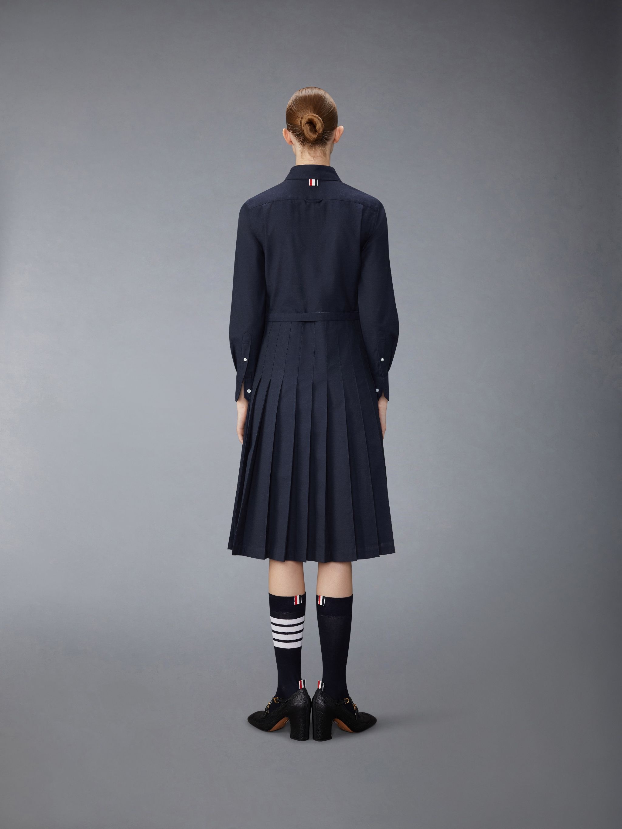 Stripe Cotton Flannel Midi Pleated Bottom Belted Dress - 3