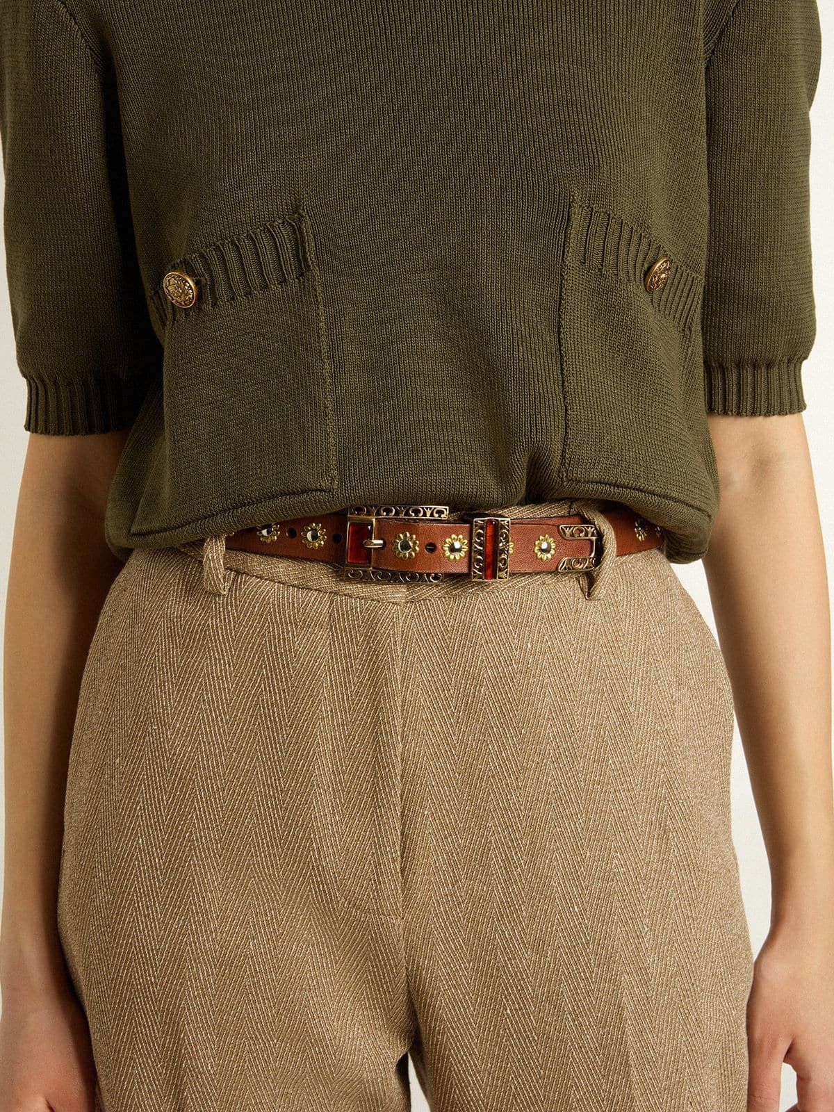 Brown leather belt with golden floral studs and amber inserts - 3
