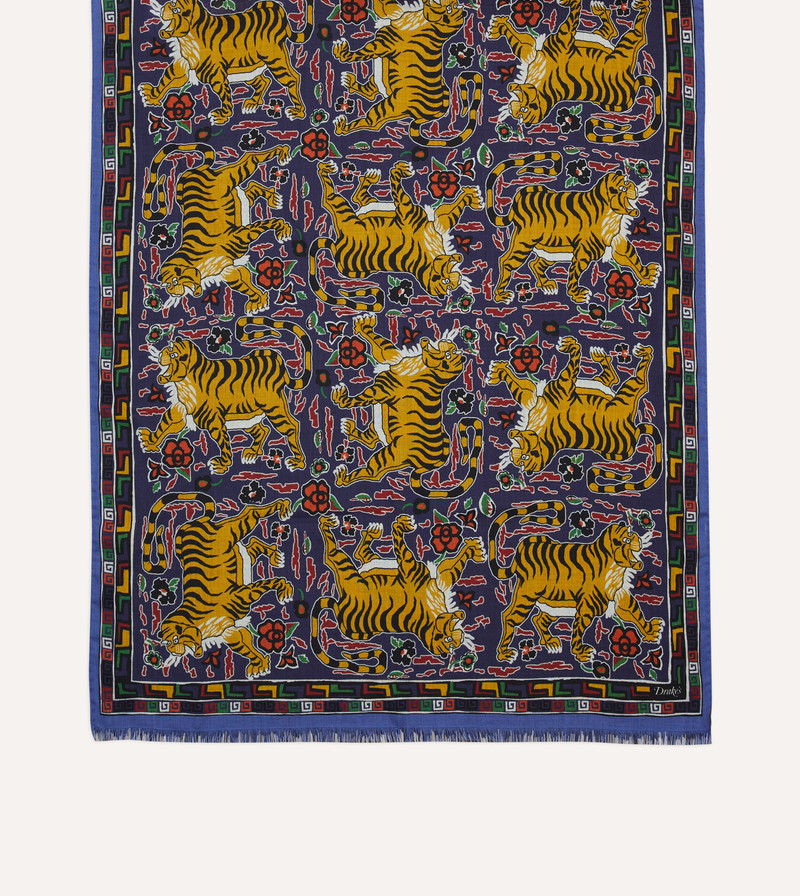 Blue Tiger Print Wool-Silk Scarf 3